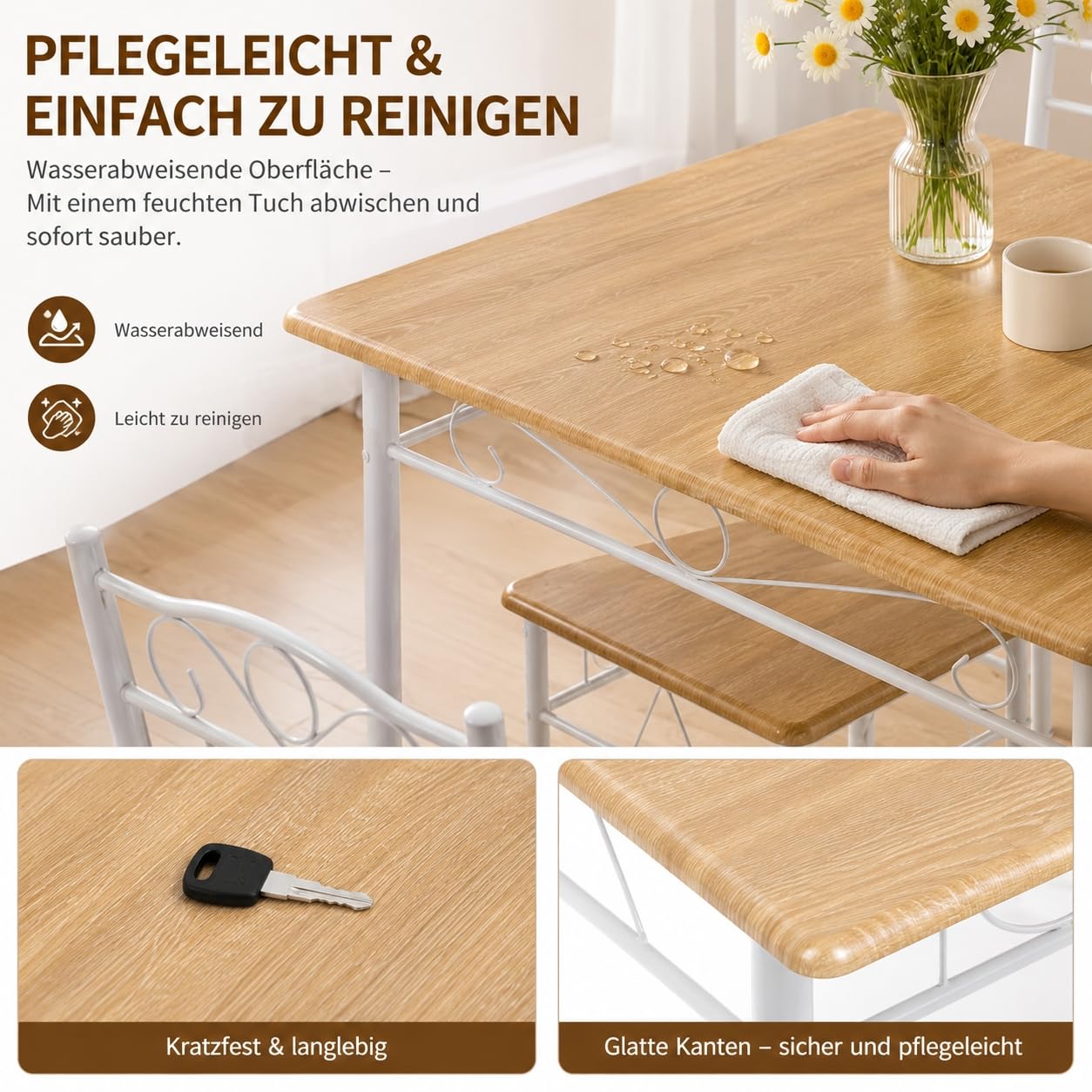 Essgruppe für 4 Personen, 4 Stühle, Esstisch 109x69 cm | 5-teilige Essgruppe mit Metallgestell und Holzoptik, ideal für Küche, Esszimmer, Wohnung und kleine Räume.