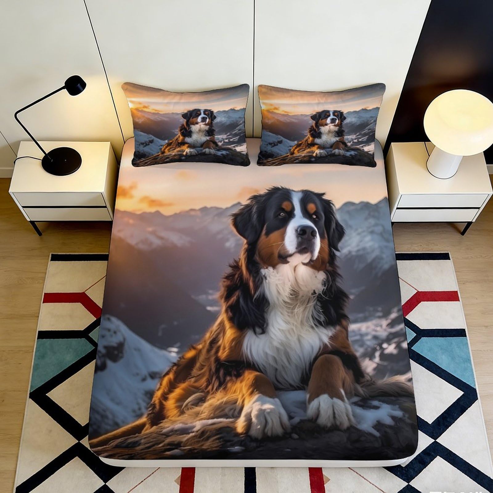 3D Printed Bernese Mountain Dog Fitted Sheet Microfiber Soft Bedroom Decor Sunset Mountain Mattress Cover 200x200x25cm