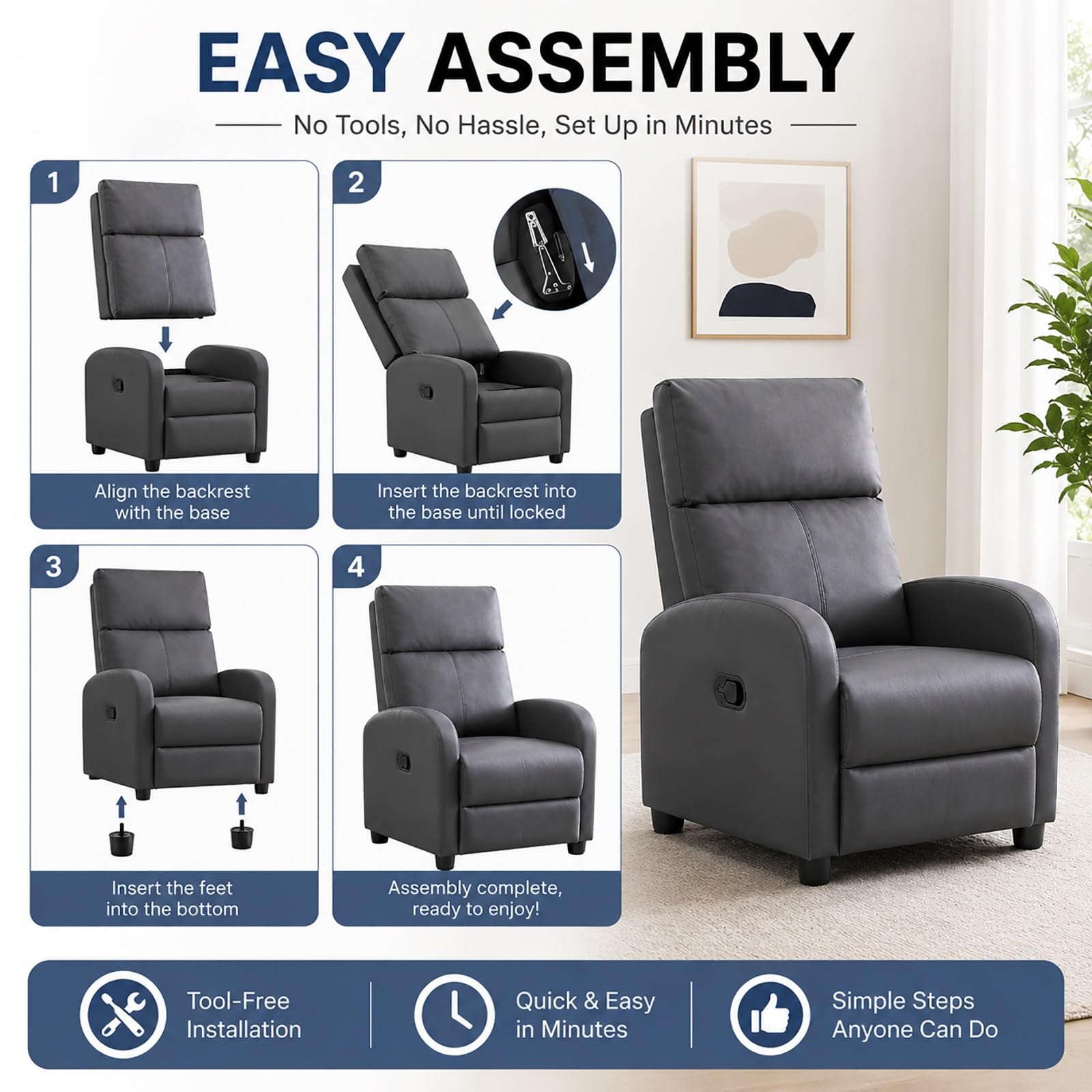 Liegesessel, Sessel mit Hoher Rückenlehne, Dick Gepolsterter Sitzfläche und Lendenstütze, Liegesofa für Wohnzimmer, Empfangs- und Wartebereiche(Light Gray)