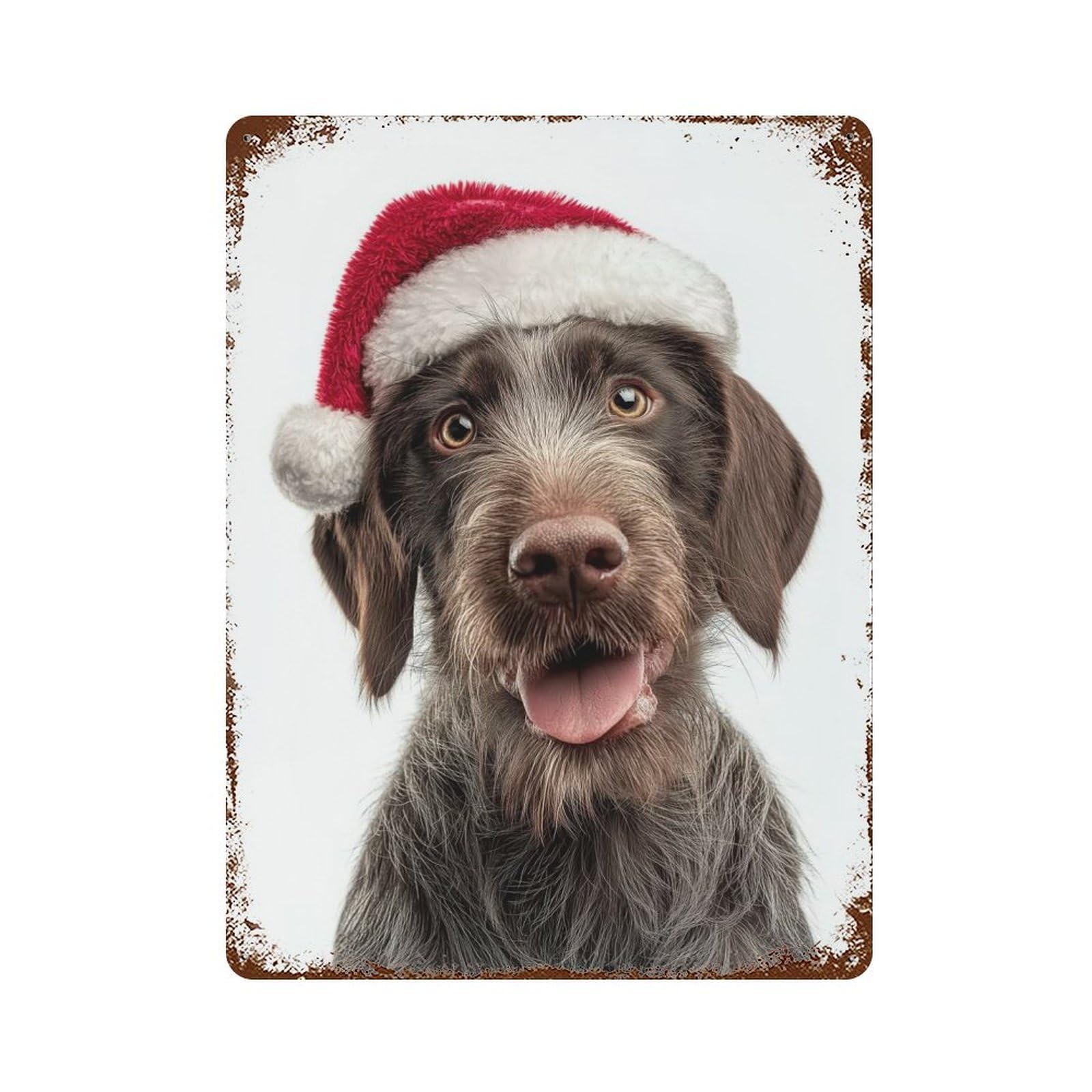 Garage Style German Wirehaired Pointer Dog with Santa Hat Portrait Vintage Rust Metal Sign 15.7"x11.8", Rustic Home Decor for Bar And Workshop