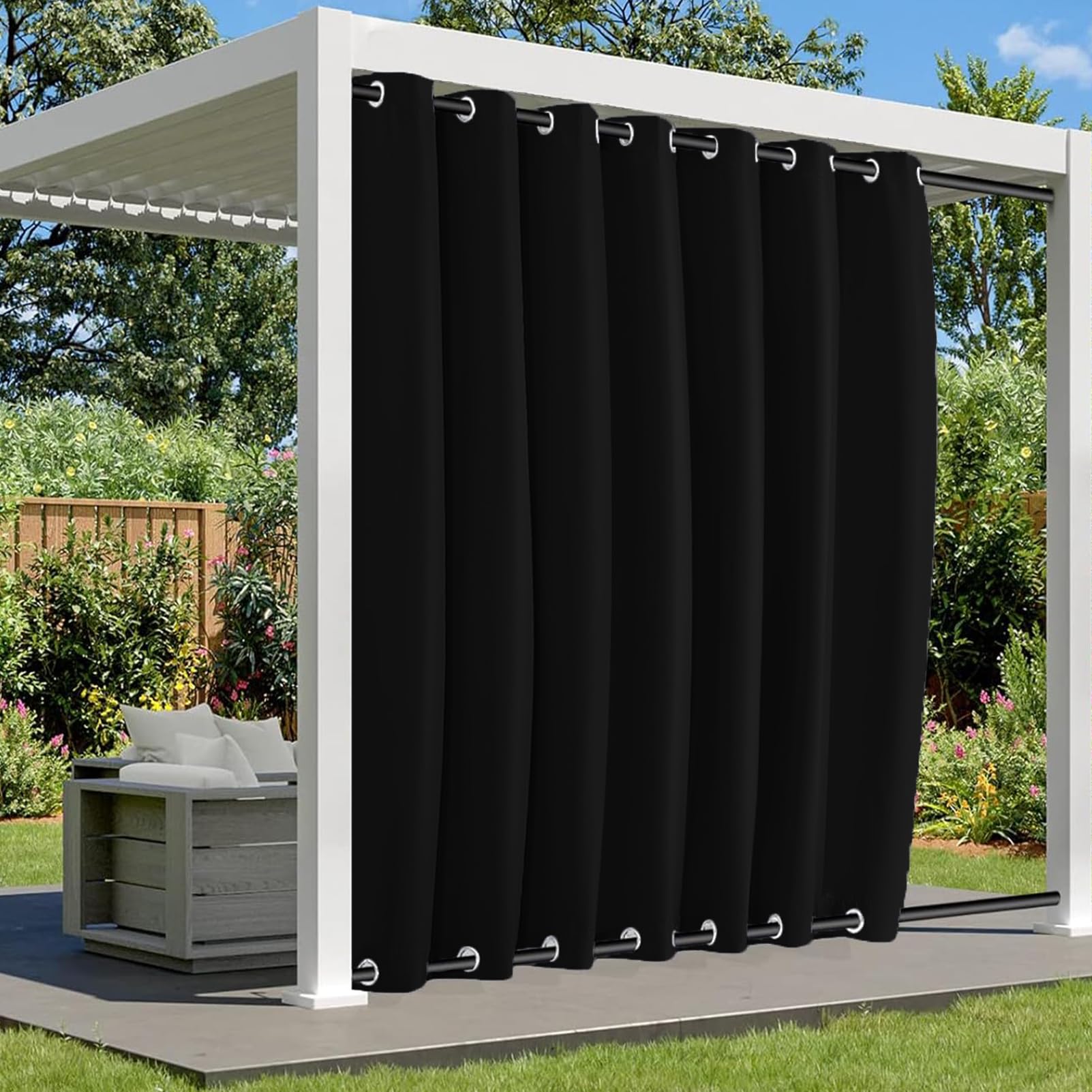BliRiki Waterproof Outdoor Curtains for Patio, Weatherproof Blackout Curtain with Top and Bottom Grommets, Thermal Insulated Privacy Outsides Curtain for Porch Pergola, 1 Panel, W84 xH102, Black