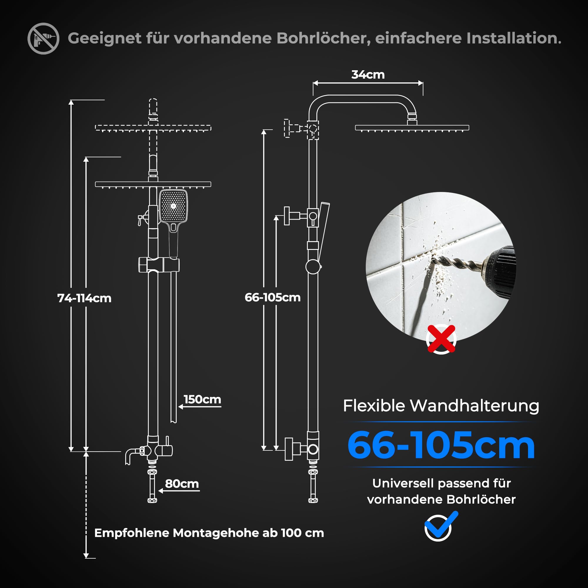 JOHO Colonne de douche effet pluie en acier inoxydable sans robinetterie, barre de douche réglable de 74 à 114 cm, tête supérieure extra-épaisse 25 x 25 cm antirouille, chromée