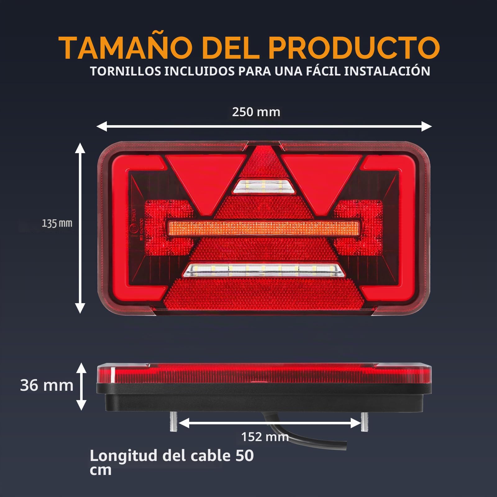 Pilotos Traseros Remolque, 12V/24V Iluminación del Remolque, 6 funciones, Montaje de Tornillos, pilotos led remolque homologados para Camión, Remolque, Caravan E9