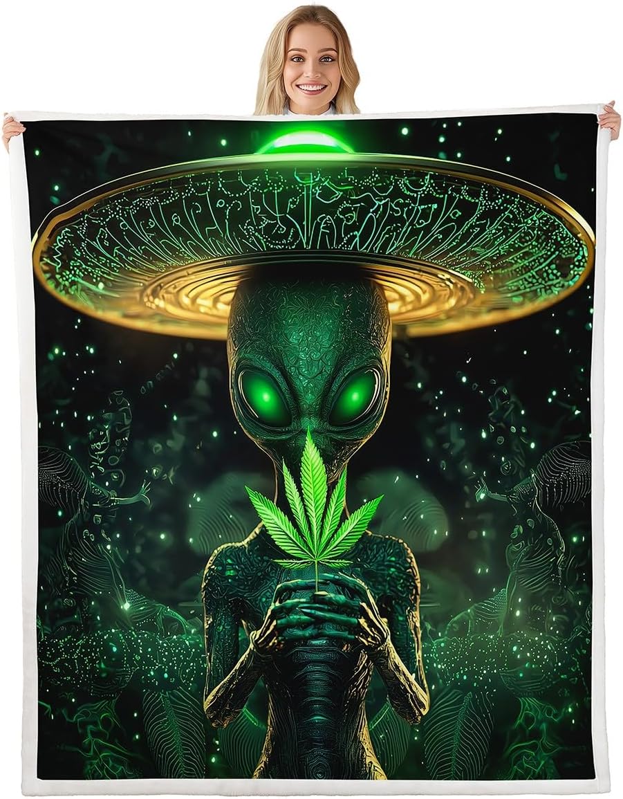Erosebridal Alien Blanket Queen 90x90, Abstract Spaceship Soft Throw Blanket for Sofa Bed, Green Botanical Sherpa Blanket for Kids Boys Teens, Psychedelic UFO Cozy Fleece Blanket