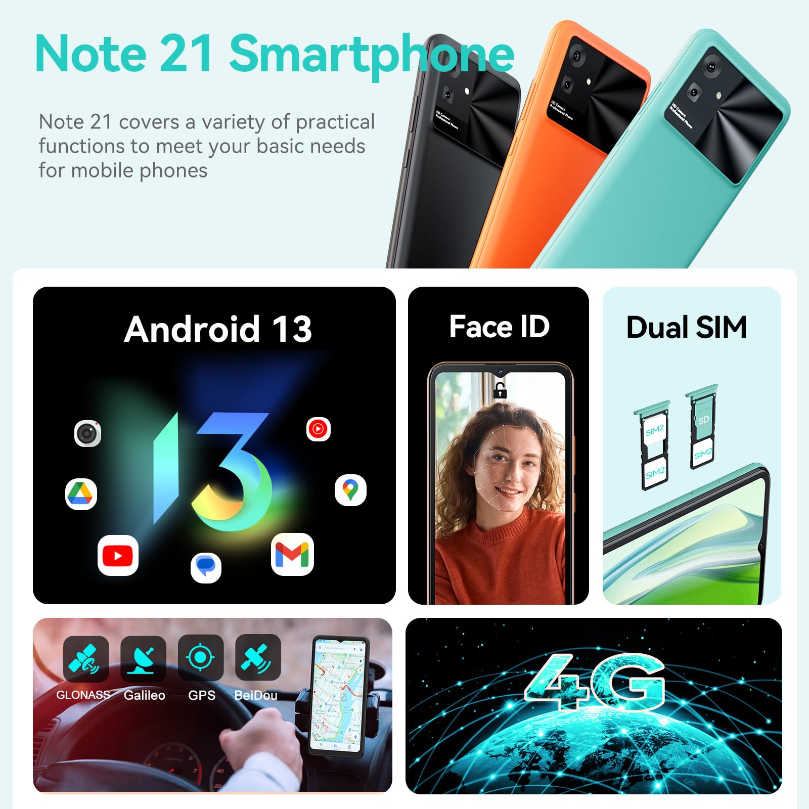 CUBOT Note 21 Smartphone 12GB(6+6) RAM + 128GB ROM TF 1TB Expand 6,56" 90Hz Schermo Android 13 Telefono Cellulare 50MP Fotocamera 5200mAh 4G Doppio SIM Octa Core Face ID - Verde