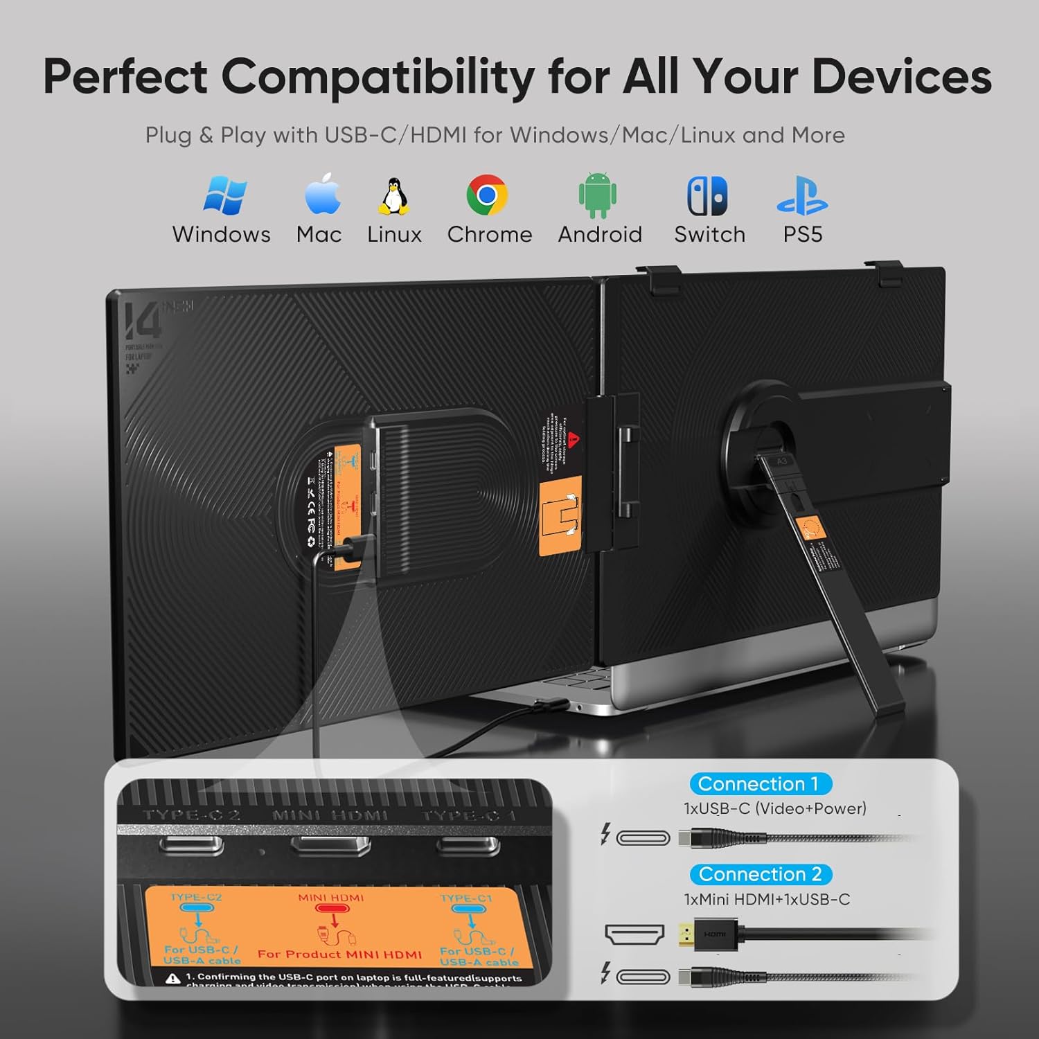 Laptop Screen Extender, 14" FHD 1080P Dual Screen Monitor for Laptops Ultra-Light Portable Monitor with USB-C/HDMI, Plug & Play for Windows/Mac/Chrome/Linux/Android/Switch/PS5 - Image 6