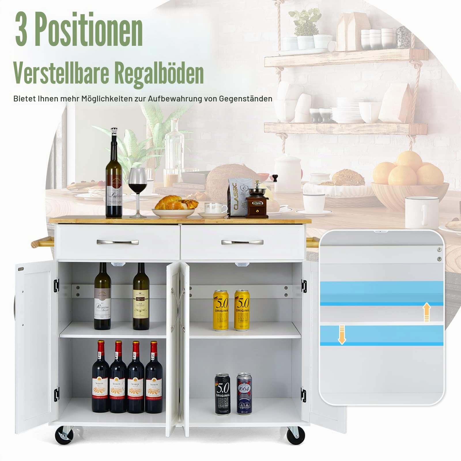 GIANTEX Küchenwagen mit Arbeitsplatte, Servierwagen mit Rollen, Küchenschrank mit 2 Schubladen & 2 Handtuchhaltern & 4 Türen, Kücheninsel mit verstellbaren Regalen, Küchentrolley Holz 122x48x92,5 cm