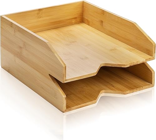 Miniatura 8 de Bandeja de papel de 2 niveles, bandeja de letras de bambú de 14 x 11 pulgadas, soporte para archivos de escritorio de oficina, organizador de