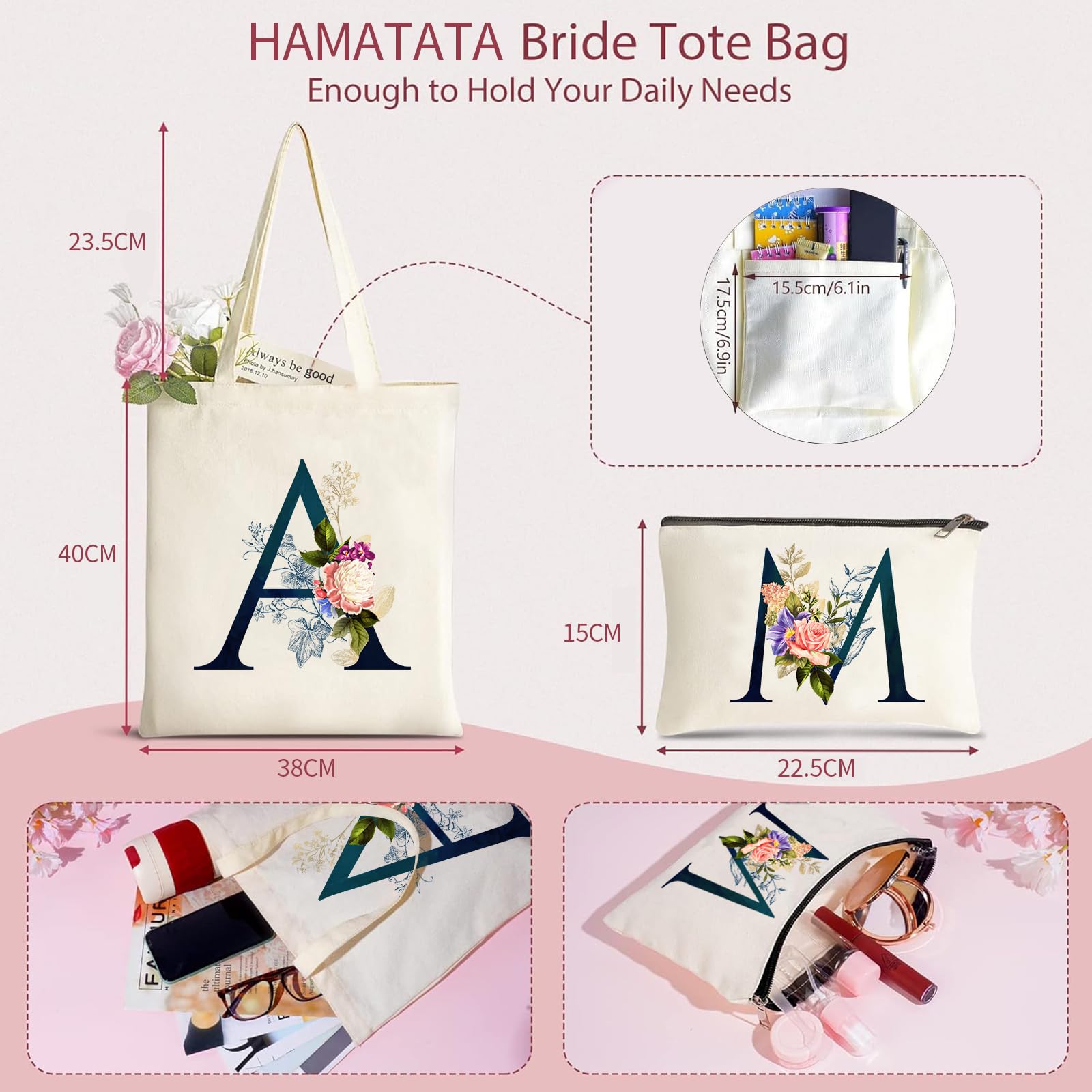 Borsa Tote In Tela Personalizzata Con Iniziale + Pochette Trucco, Regalo Donna Compleanno Matrimonio