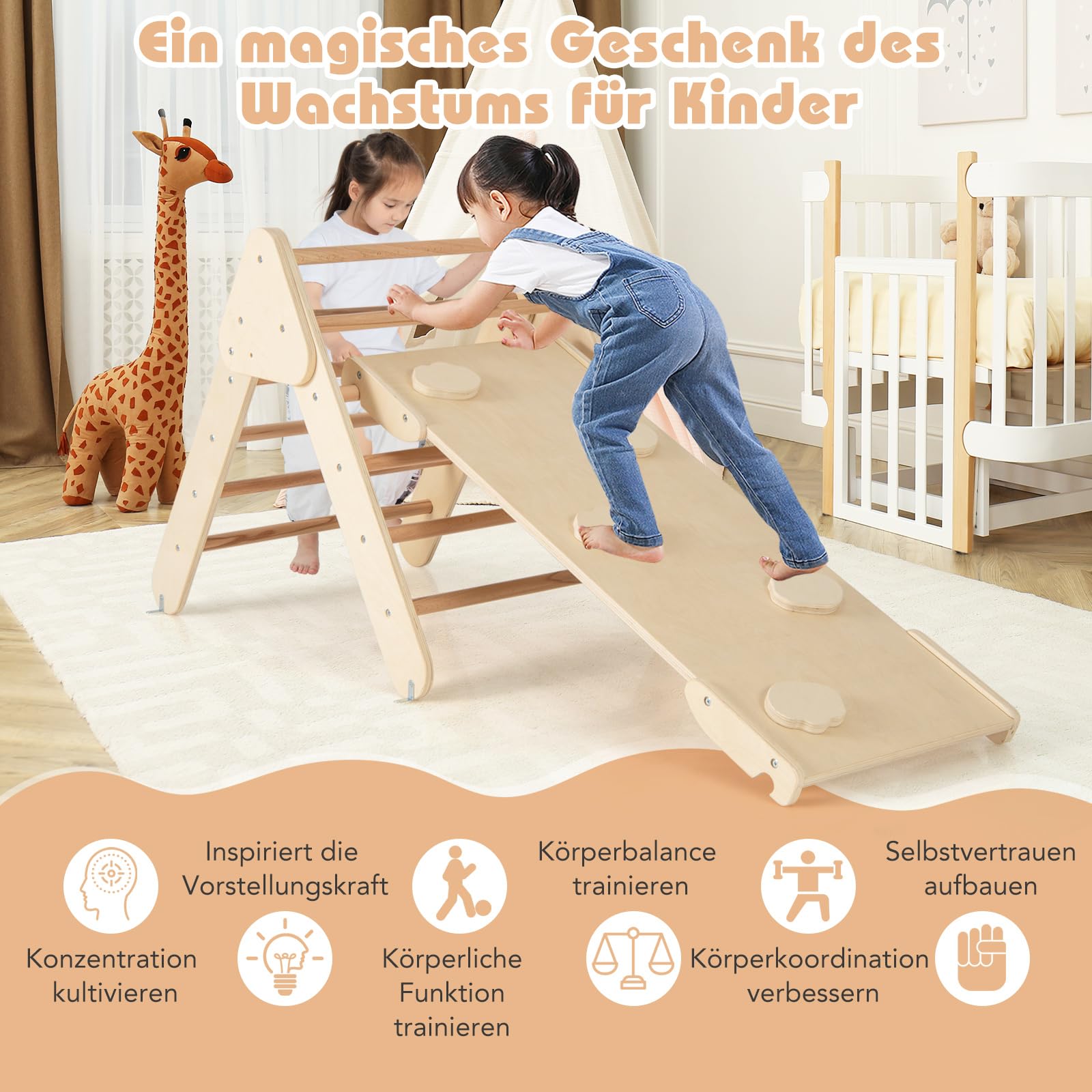 COSTWAY Trójkąt wspinaczkowy z zjeżdżalnią, łukiem do wspinaczki, w zestawie poduszka i dwustronna rampa, do wspinaczki, zjeżdżania i huśtania, 4 w 1 plac zabaw do wspinaczki do użytku wewnętrznego od