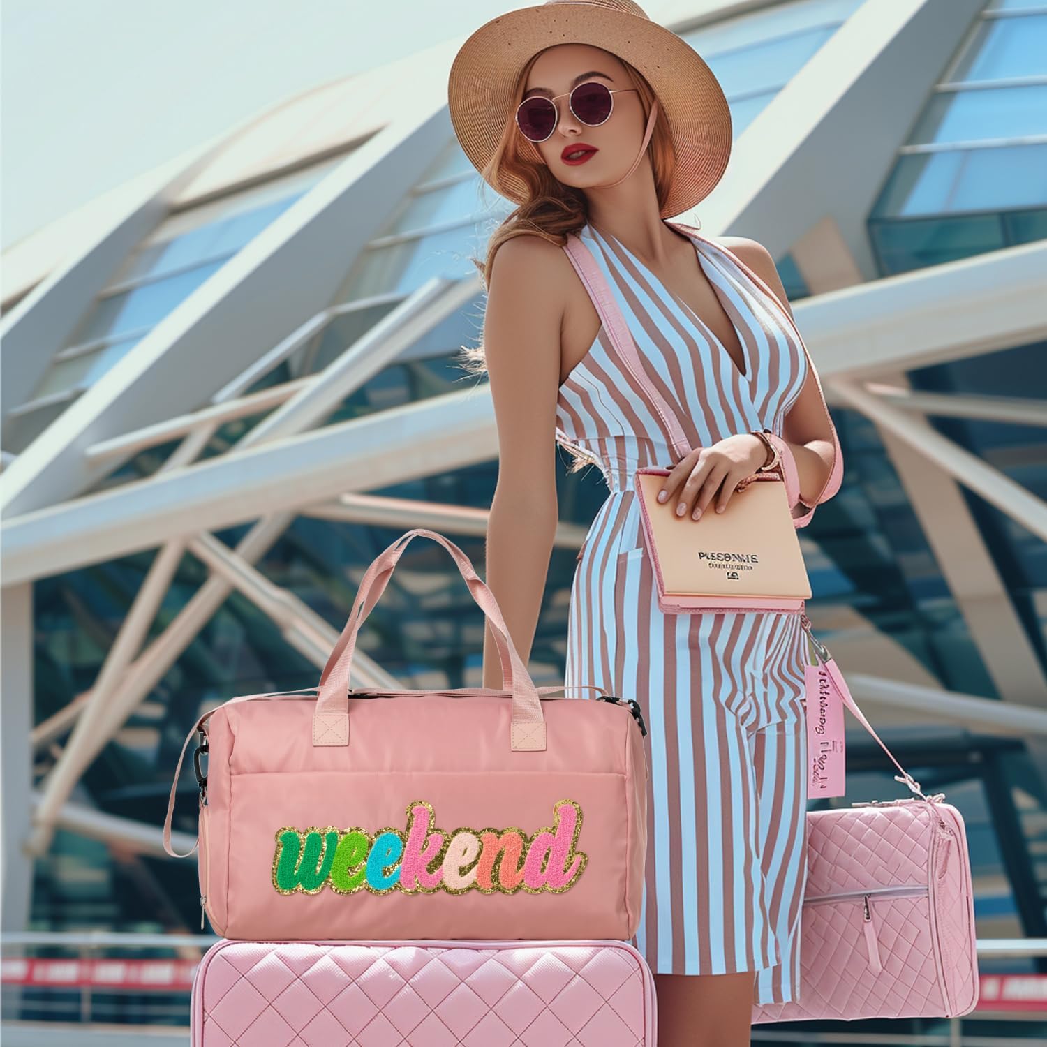 2 Pcs Love Chenille Letter Preppy Travel Bags - Weekender, Overnight, Duffel, Weekend, Gym, Personal Item With Shoe Compartment & Toiletry Bag - Image 5