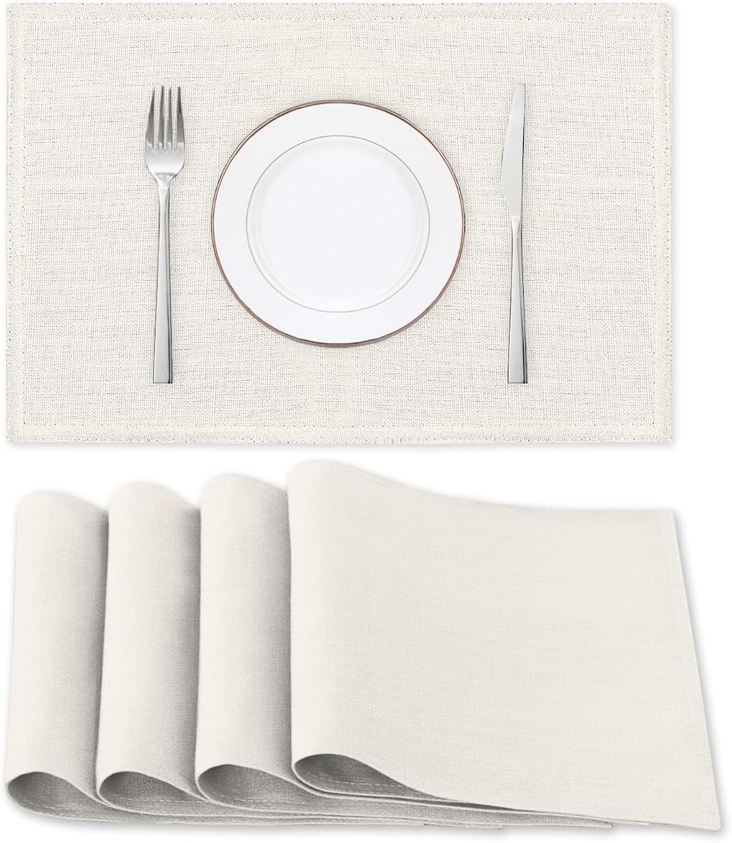 Linen Placemats Set of 4 Premium Solid Table Placemats for Dining Table Spill-Proof Waterproof Table Mats Heat-Resistant Kitchen Table Mats Washable, 12x18 inches, Ivory