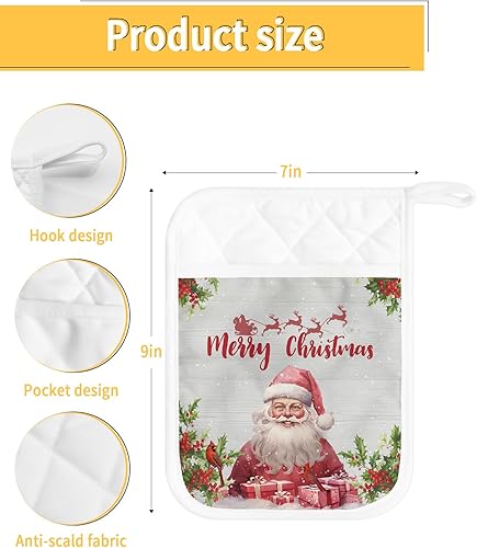 Miniatura 3 de Juego de 4 soportes para ollas de Navidad para cocina, antideslizantes y aislantes de calor, juego de agarraderas de tela de toalla con bolsillo,