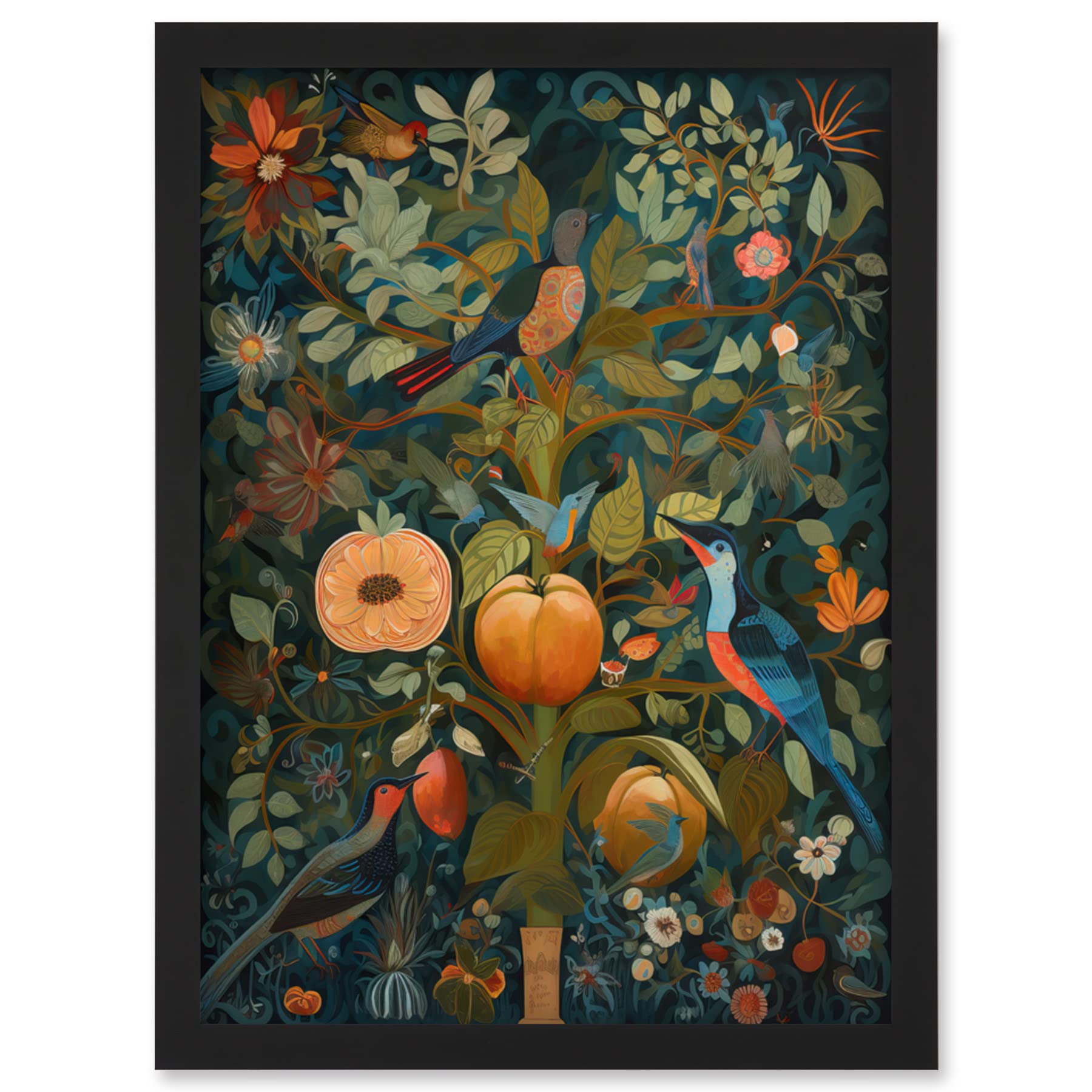 Artery8 Birds on Blooming Peach Tree in Modern Folk Art Artwork Framed Wall Art Print A4