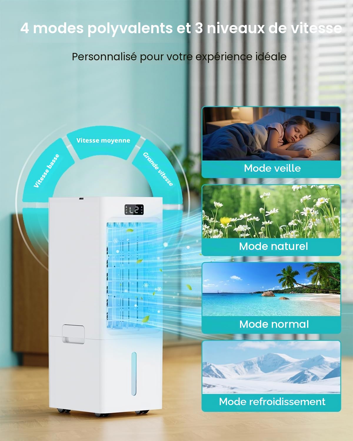 Climatiseur Mobile 4 en 1, Rafraîchisseur d'Air avec Réservoir 6L, 3 Vitesses 4 Modes, Minuterie 1-12H, 3 Vitesses 4 Modes, 4 Pack Glacons, Télécommande Incluse, pour Chambre, Salon, Bureau et Maison