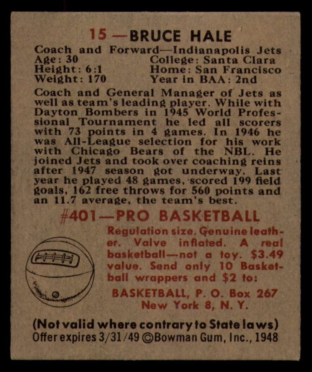 Basketball NBA 1948 Bowman #15 Bruce Hale EX/NM RC Rookie