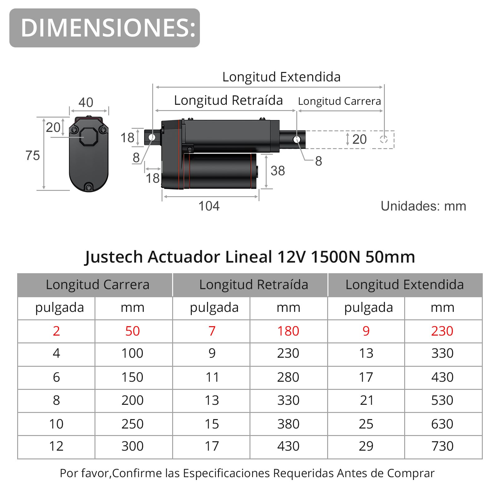 Justech Actuador Lineal 1500N 50mm,12V Motor Actuador Lineal,Impermeable IP65,Aleación de Aluminio para Sistema Automático de Apertura,Seguidor Solar para Paneles,Elevador de Cama etc