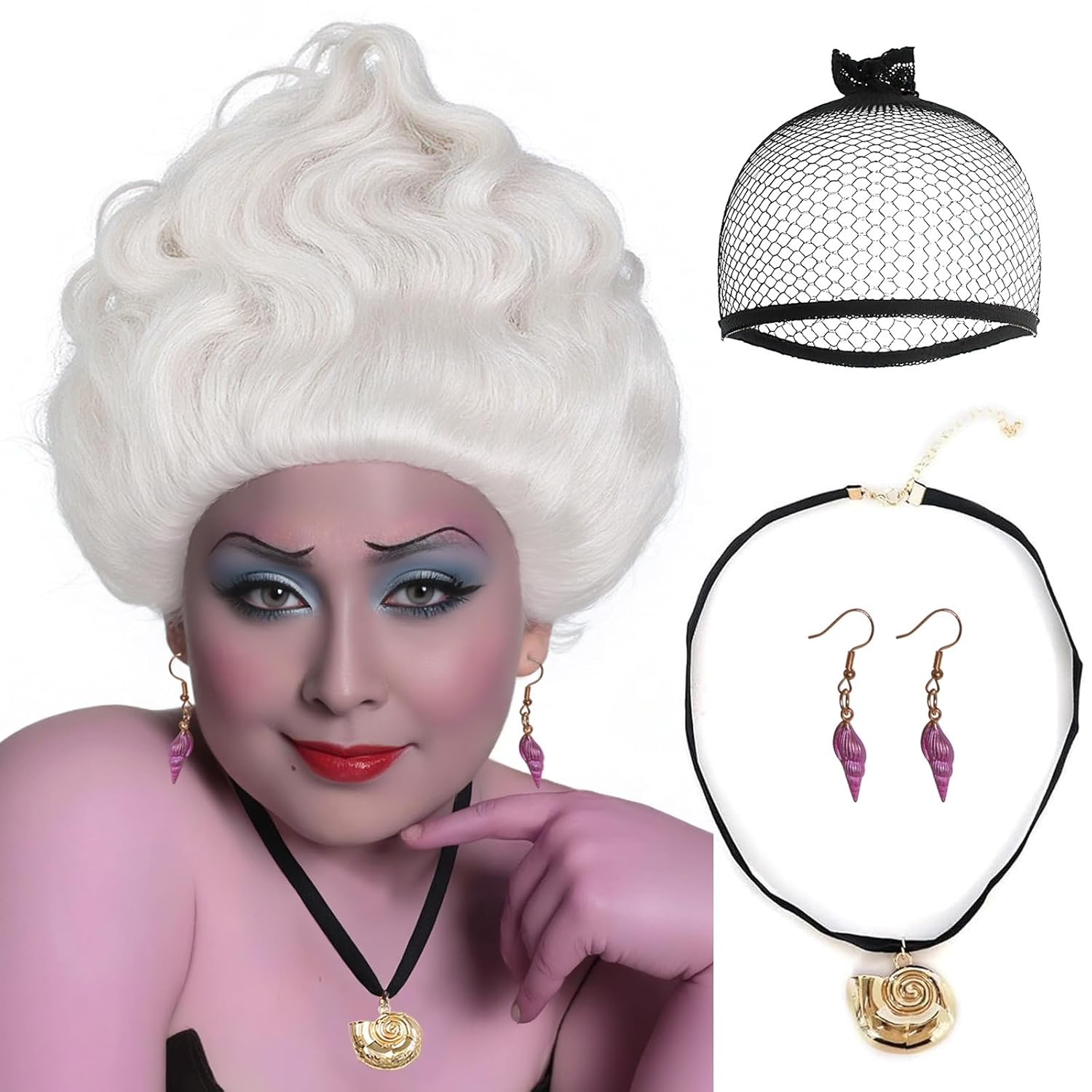 4 Pcs Set White Sea Witch Wig with Conch Necklace Earrings Grey White Wig Anime Cosplay Wigs for Women Short Wavy Spiky Wigs for Halloween Costume Party+Hair Cap
