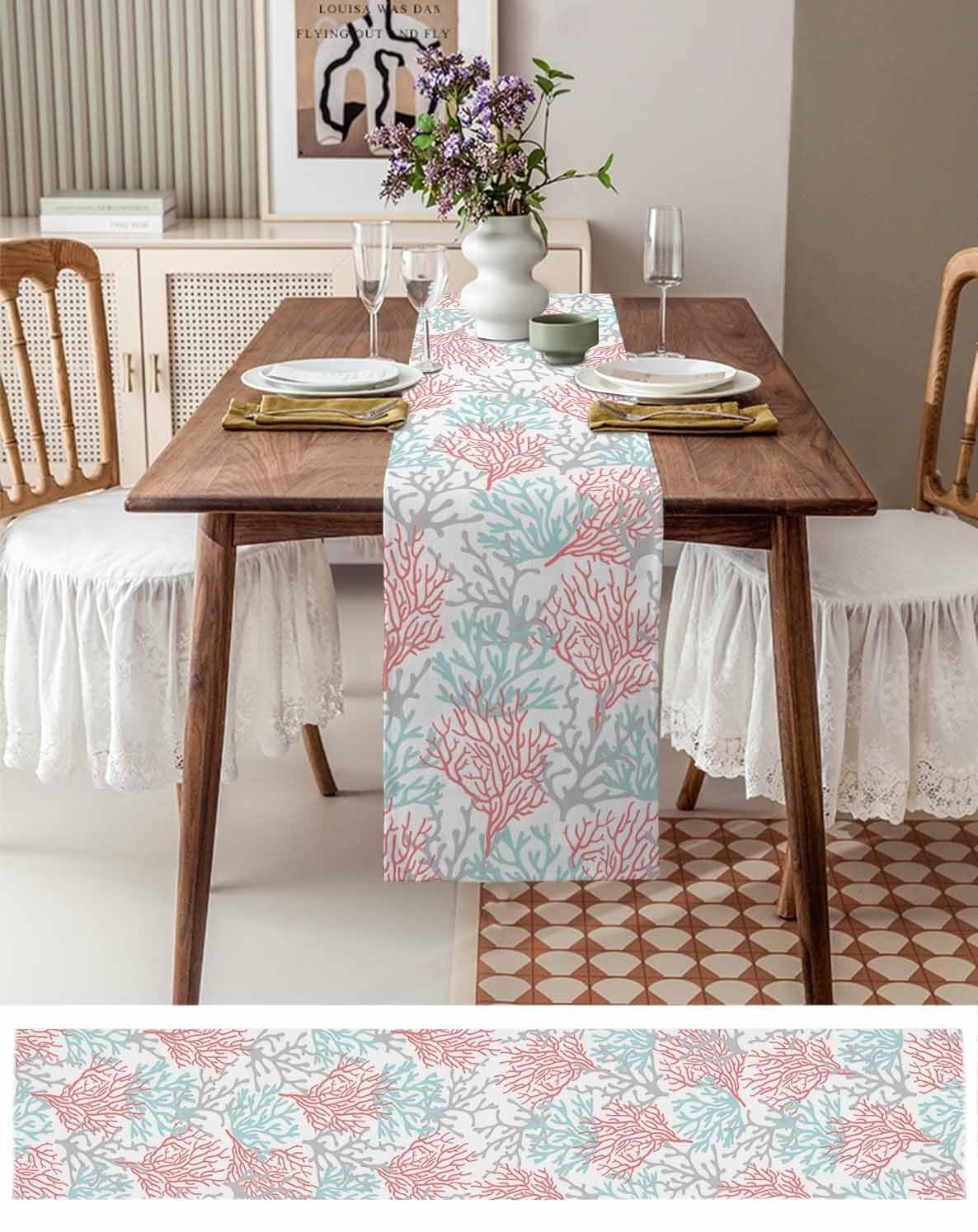 Chemin de Table en Coton et Lin Bleu Corail 13"x60" - Parfait for Une décoration sur Le thème de la Plage en été(Red Blue Coral,13x90 inch)