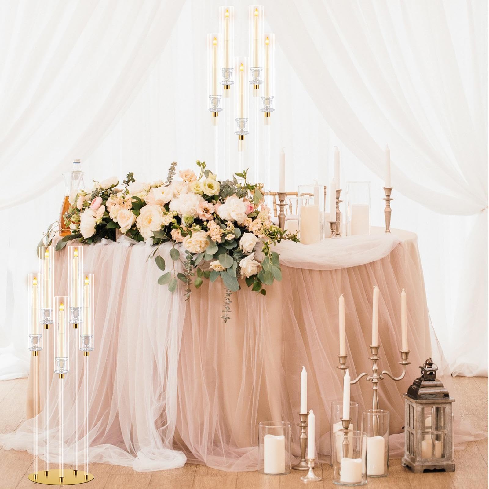 5 Arm Candelabra with Acrylic Lampshade Set of 4 Gold Candelabra for Wedding Table Birthday Party Home Decoration