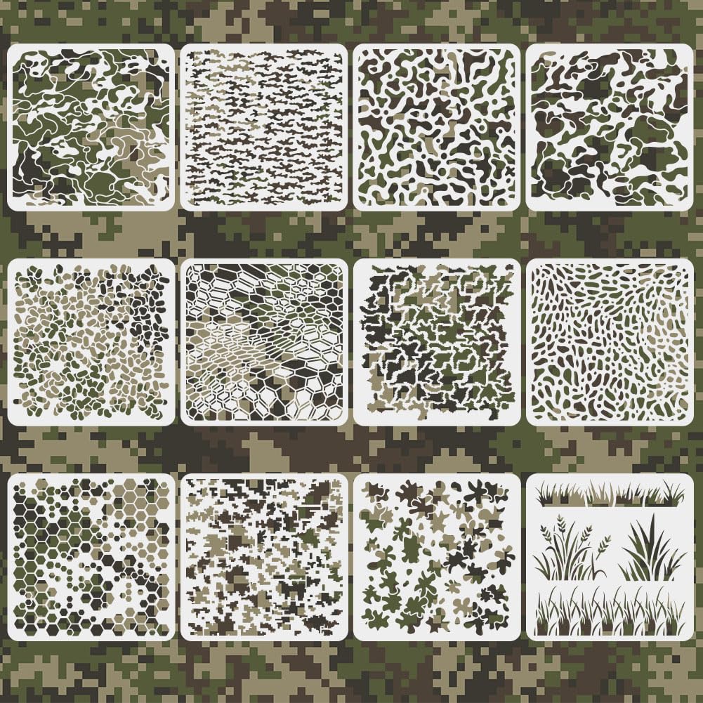 TWINKLEMON 12 Pcs Camo Stencils for Spray Paint, 12 x 12 Inch Camouflage Stencils with Brushes, Grass Pattern Stencil for Crafts, Reusable Camo Paint Stencil Template for Paper Fabric Furniture Wall