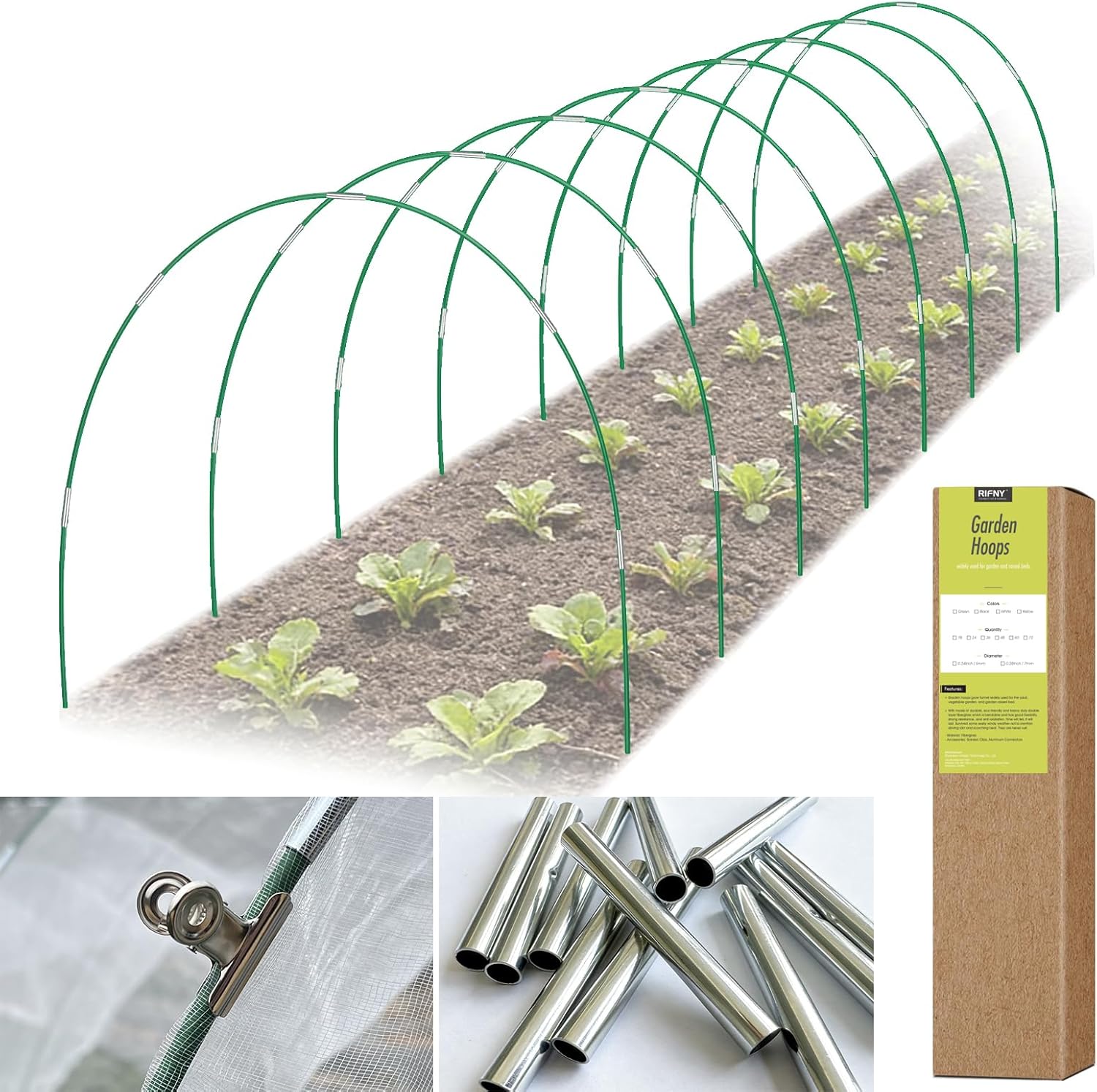RIFNY 48 PCS Garden Hoops for Raised Beds, Greenhouse Hoops Kit Long Grow Tunnel for Row Cover, Rust-Free Fiberglass Garden Support Poles for Insect Mesh Netting Freeze Plant Cover (Green)