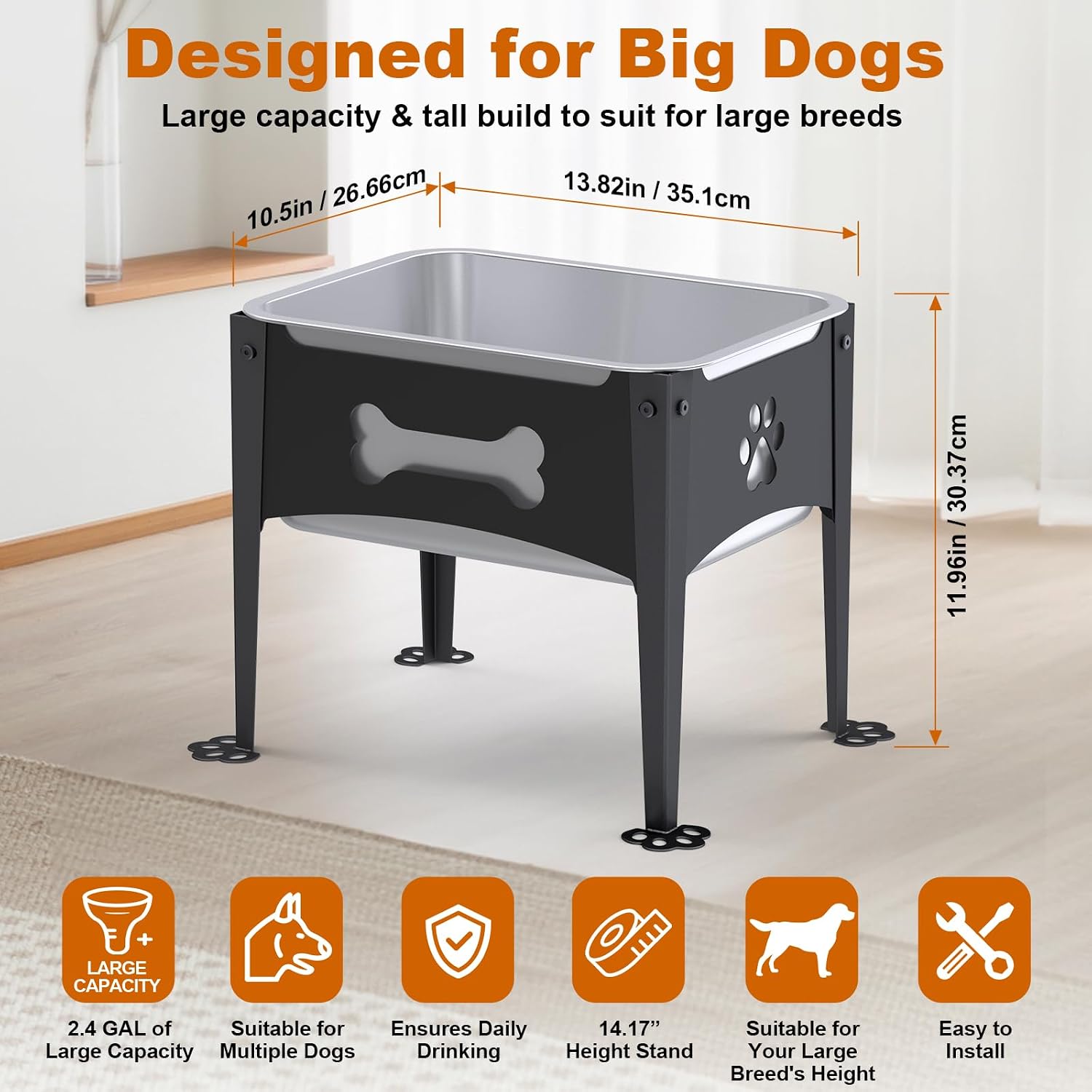 Levated Dog Bowl for Large Dogs, 7 Height Adjustable Raised Dog Water Bowl with 2.4Gal Stainless Steel Bowl, Non-Slip Stand for Multiple Large Breeds (4)