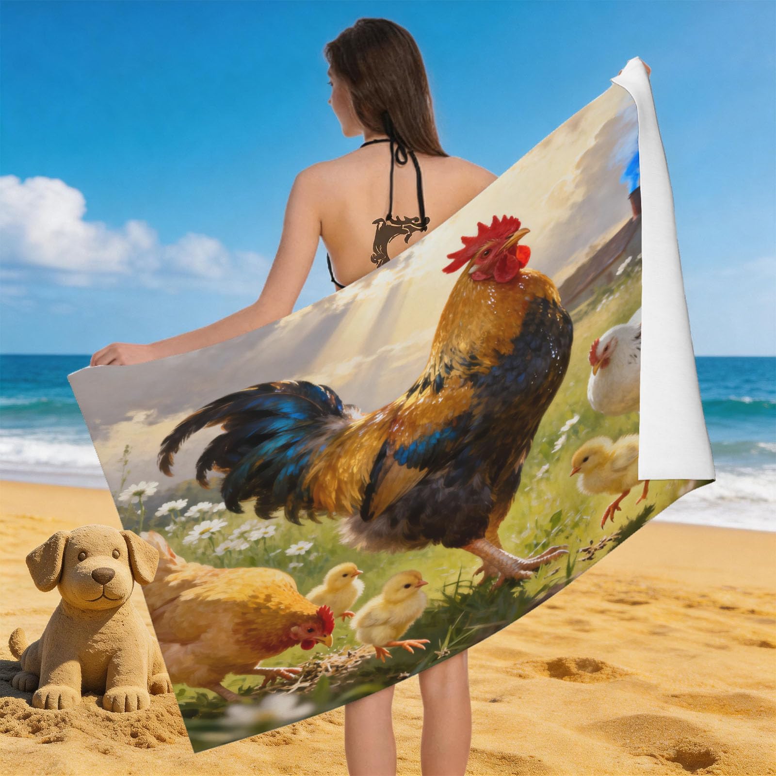 Leichong 3D Farm Chicken Beach Towel Large Microfiber Soft Quick Dry for Adults, Art Style Bath Towel Lightweight Soft Absorbent for Travel Swimming Pool Sports, 80 x 160 cm
