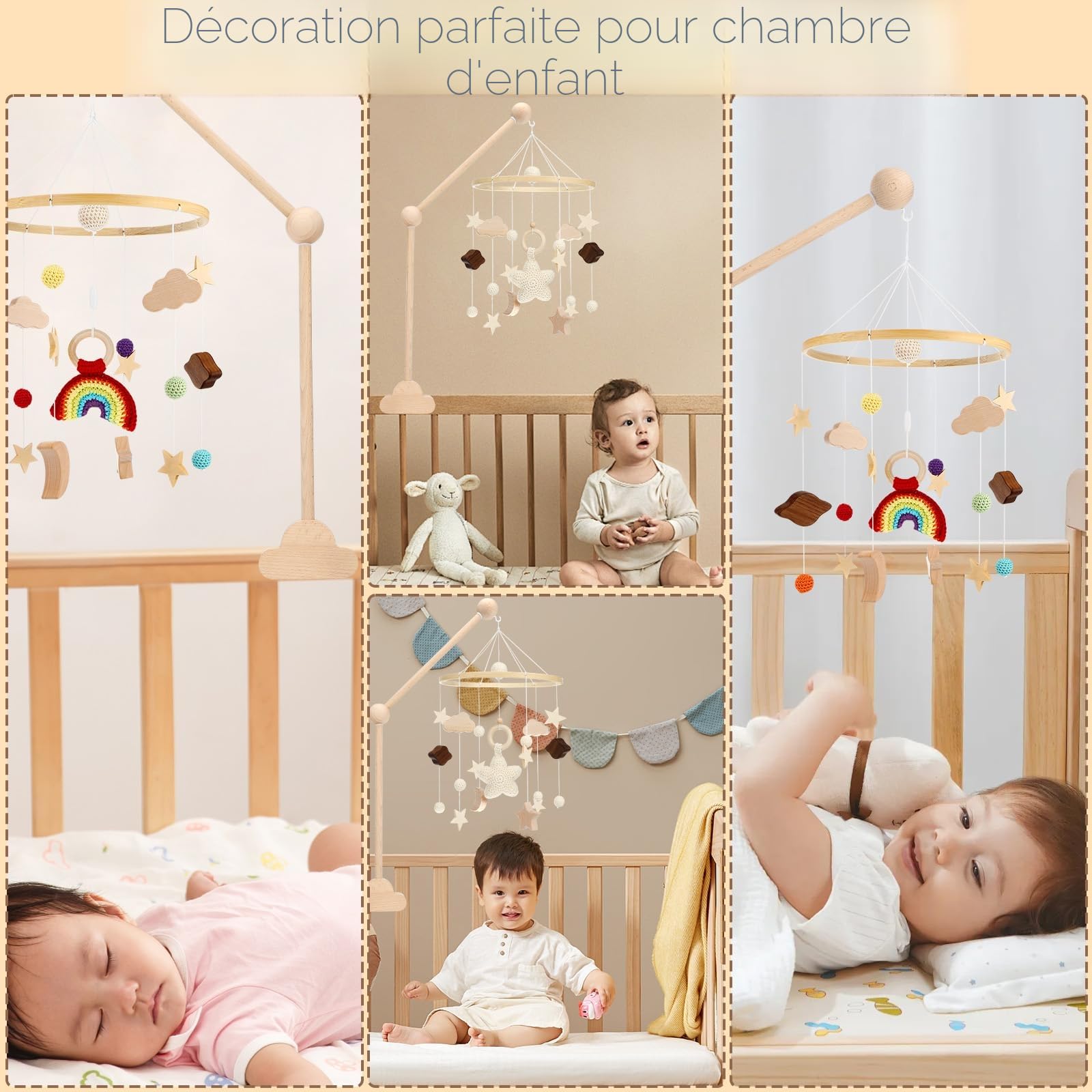 Farerkass Support Mobile Bebe Bois, Support pour Mobile Bébé Réglable en Hauteur, Idéal pour Lit de Bébé et Table à Langer, Suspension Carillons Éoliens et Décoration pour Chambre Fille et Garçon