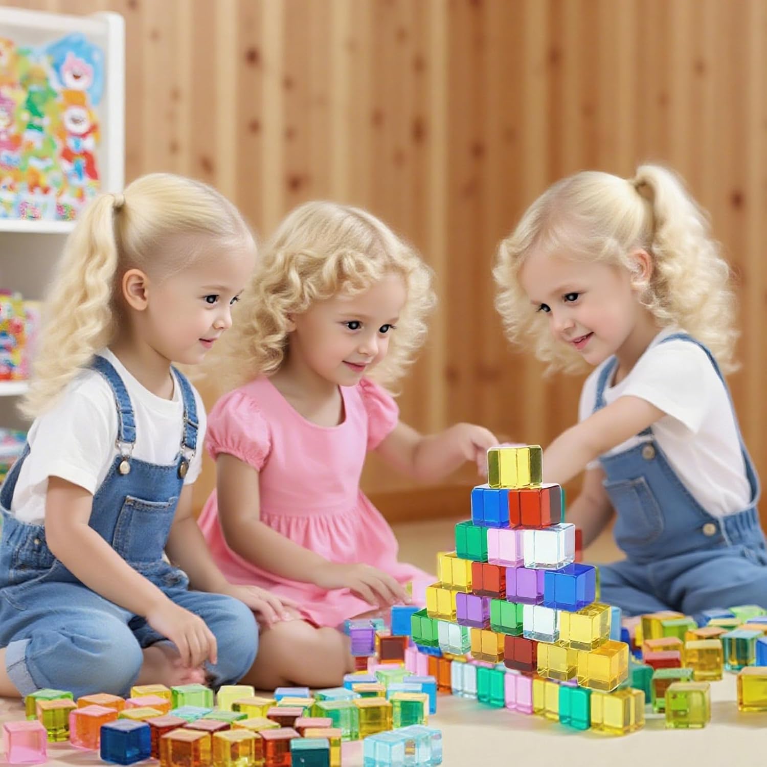 120 Pcs Acrylic Gem Cubes Blocks Translucent Colors Rainbow Building Cubes with Wooden Storage Box for Sensory Training Stacking Toys Educational Crystal School Birthday Gift (10 Colors)