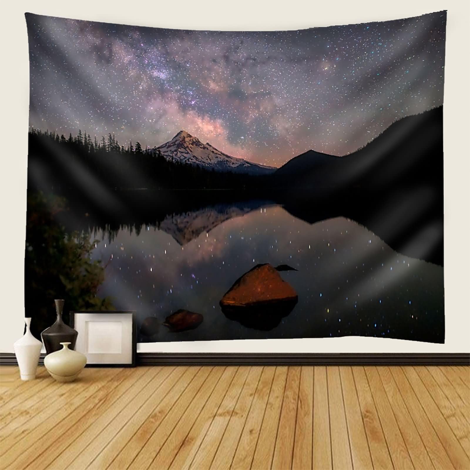 Gwieździste niebo, jezioro i góry, 350 W x 256 cm (dł. x szer. x wys.), kolor czarny