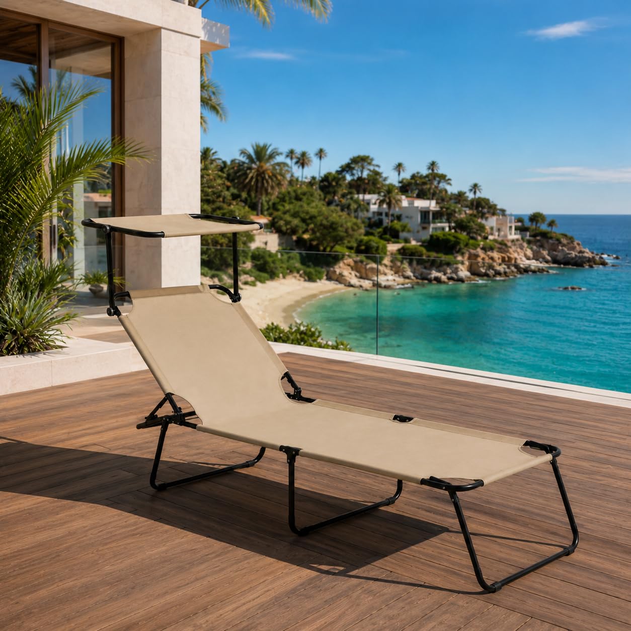 Lettino Pieghevole Con Tettuccio Regolabile Prendisole Parasole Schienale Reclinabile Regolabile Struttura In Metallo Nero Sedia Sdraio Per Spiaggia Mare Giardino Piscina 187 x 53 x 24 Cm (Beige)