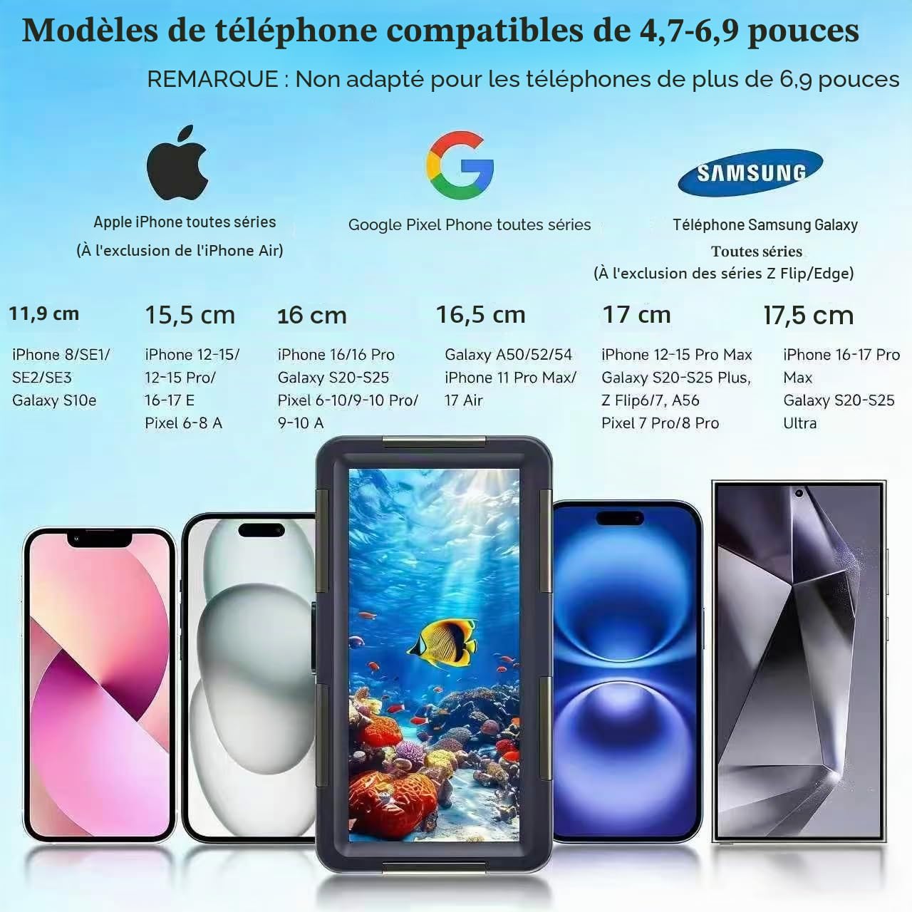Étui de téléphone de plongée sous-marine pour iPhone 15/14/13/12/11 Pro Max, Samsung Galaxy S24/S23/S22/S21 Plus, ultra universel, [15 m] Étui étanche professionnel pour plongée sous-marine - Orange