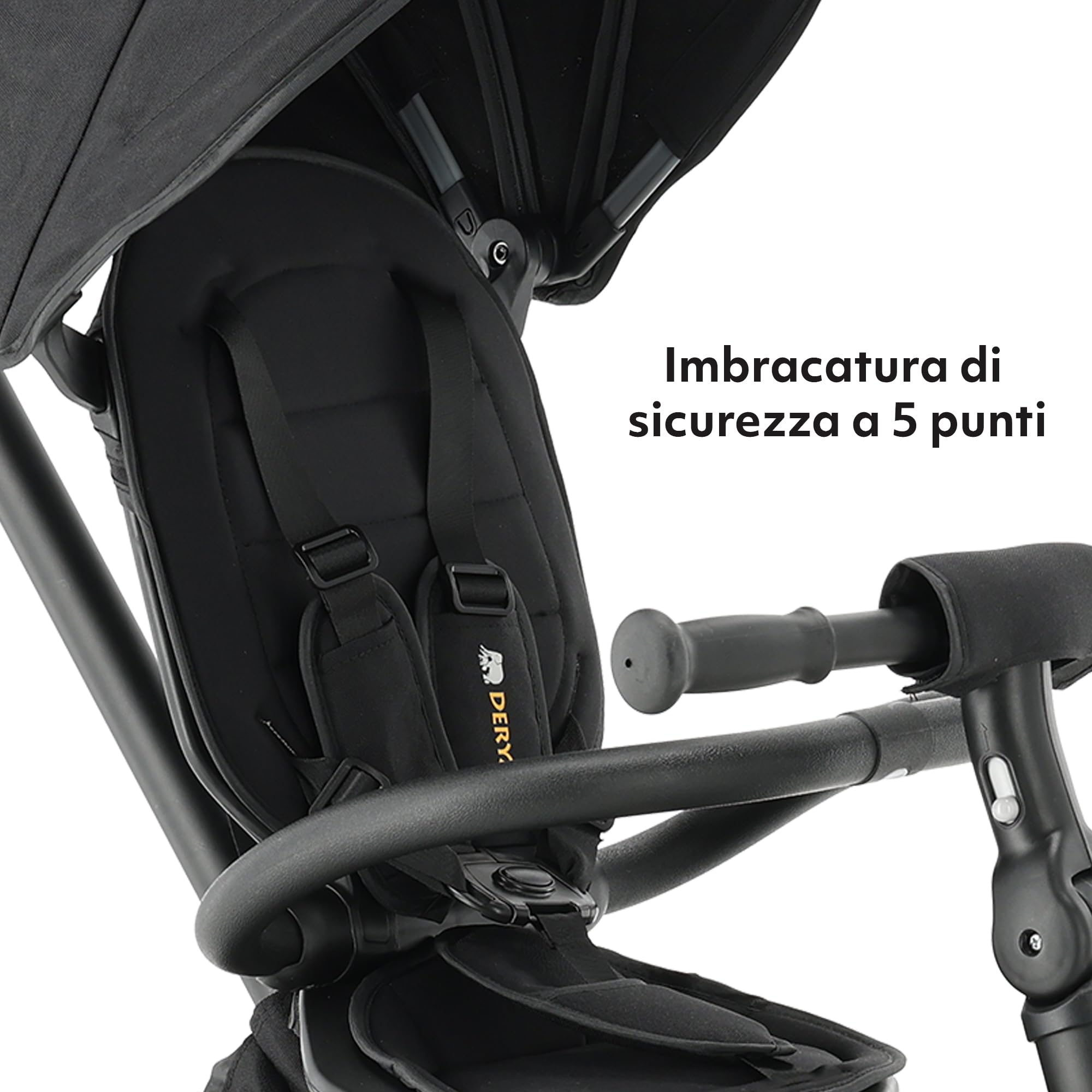Deryan Explorer Triciclo da 9 Mesi fino a 25 kg – Triciclo per Bambini con Maniglione di Spinta – Sedile Girevole – Tettuccio Estensibile con Protezione Solare – Nero