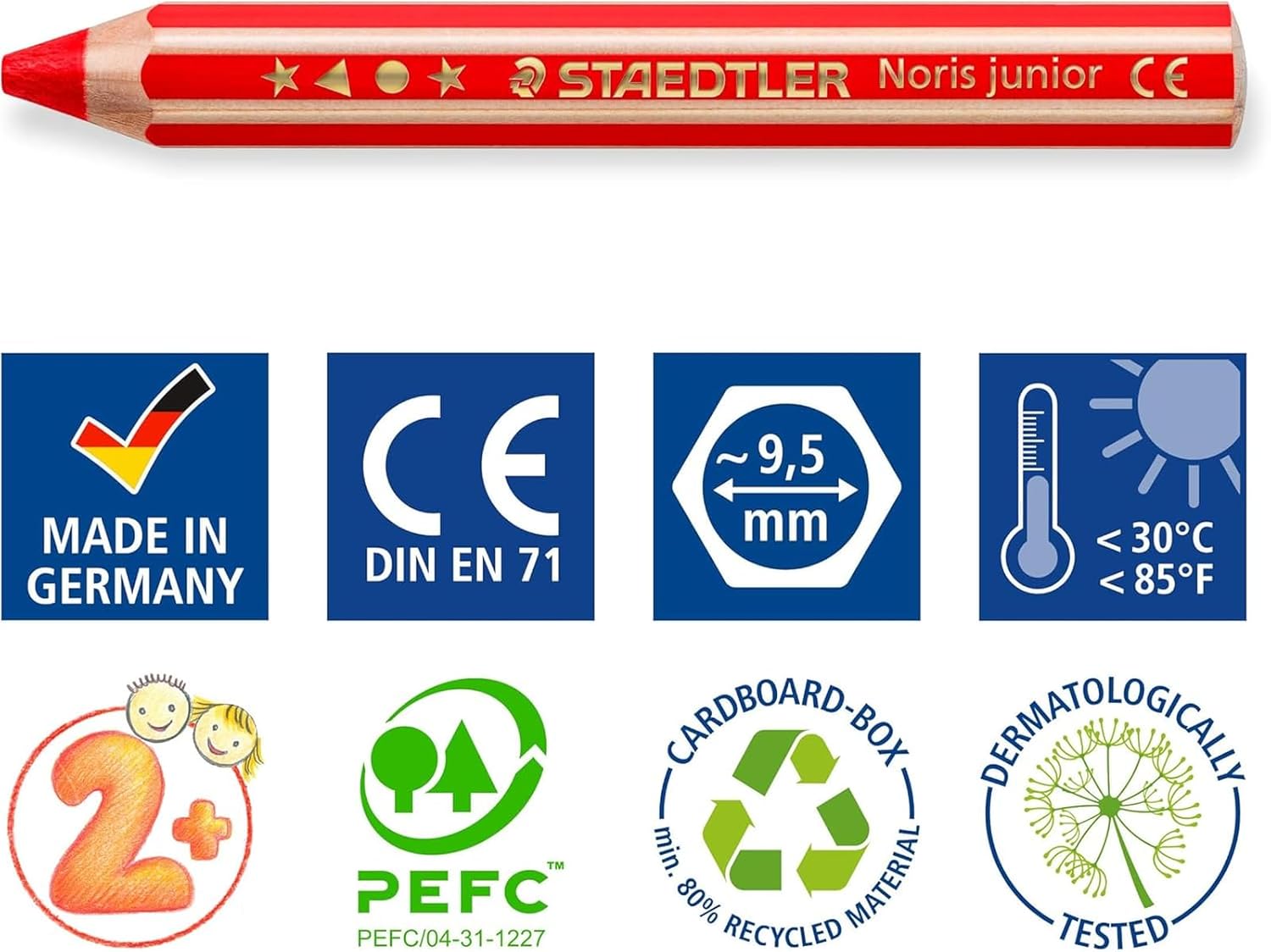 STAEDTLER Noris Junior 3-in-1 Colouring Pencils and Children's Pencil, Colourful, Wax and Watercolour Pencil, Very Thick Lead, Extra Shatterproof, Ideal for Children, 12 Colours, Sharpener and Pencil