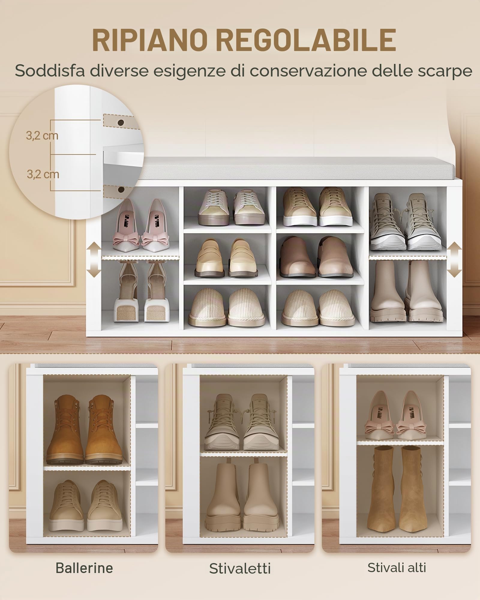 Hzuaneri Appendiabiti, Panca Porta Scarpe, Specchio, Bianco | Armadio, Porta scarpe, 10 ganci, ripiani regolabili, autoportante, per ingresso, corridoio, 35,5 x 100 x 185 cm, HT23503X