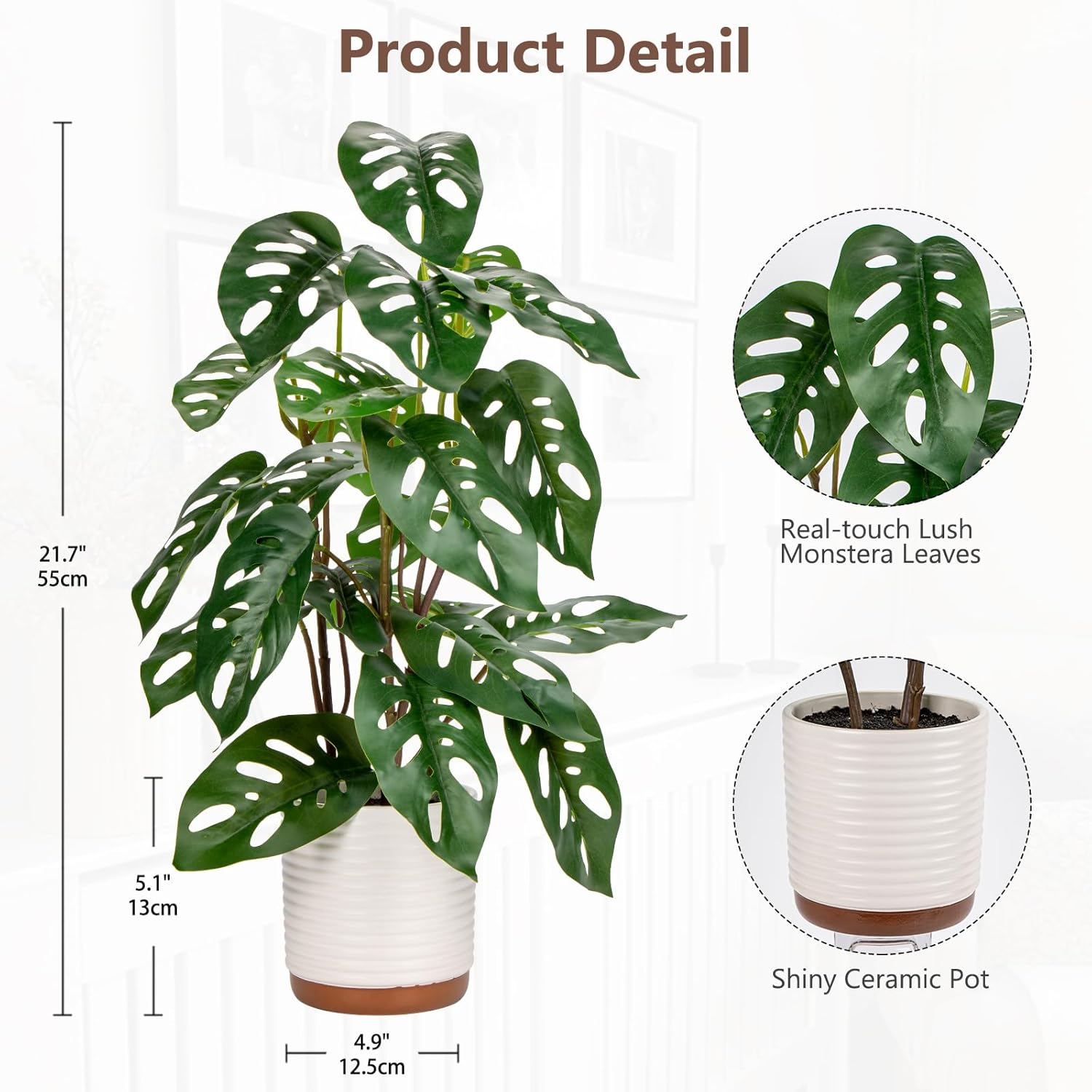 Fake Plants 21.7'' Faux Monstera Plant Tall Artificial Plants Indoor with Pots Faux Plants Fake Potted Plants Artificial Decor Fake Monstera Silk Plants for Home Living Room Bedroom Bathroom Office