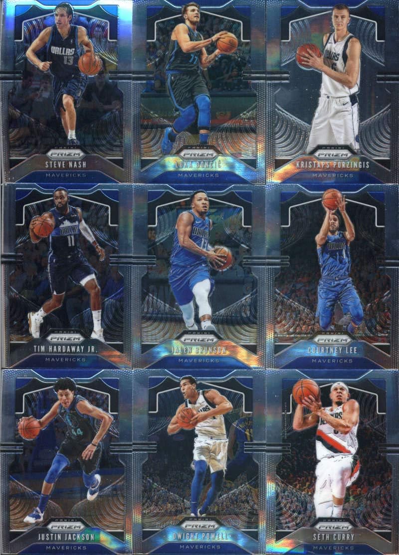 2019-20 Panini Prizm Basketball Dallas Mavericks Veteran Team Set of 9 Cards: Steve Nash(#28), Luka Doncic(#75), Kristaps Porzingis(#76), Tim Hardaway Jr.(#77), Jalen Brunson(#78), Courtney Lee(#79), Justin Jackson(#80), Dwight Powell(#81), Seth Curry(#226)