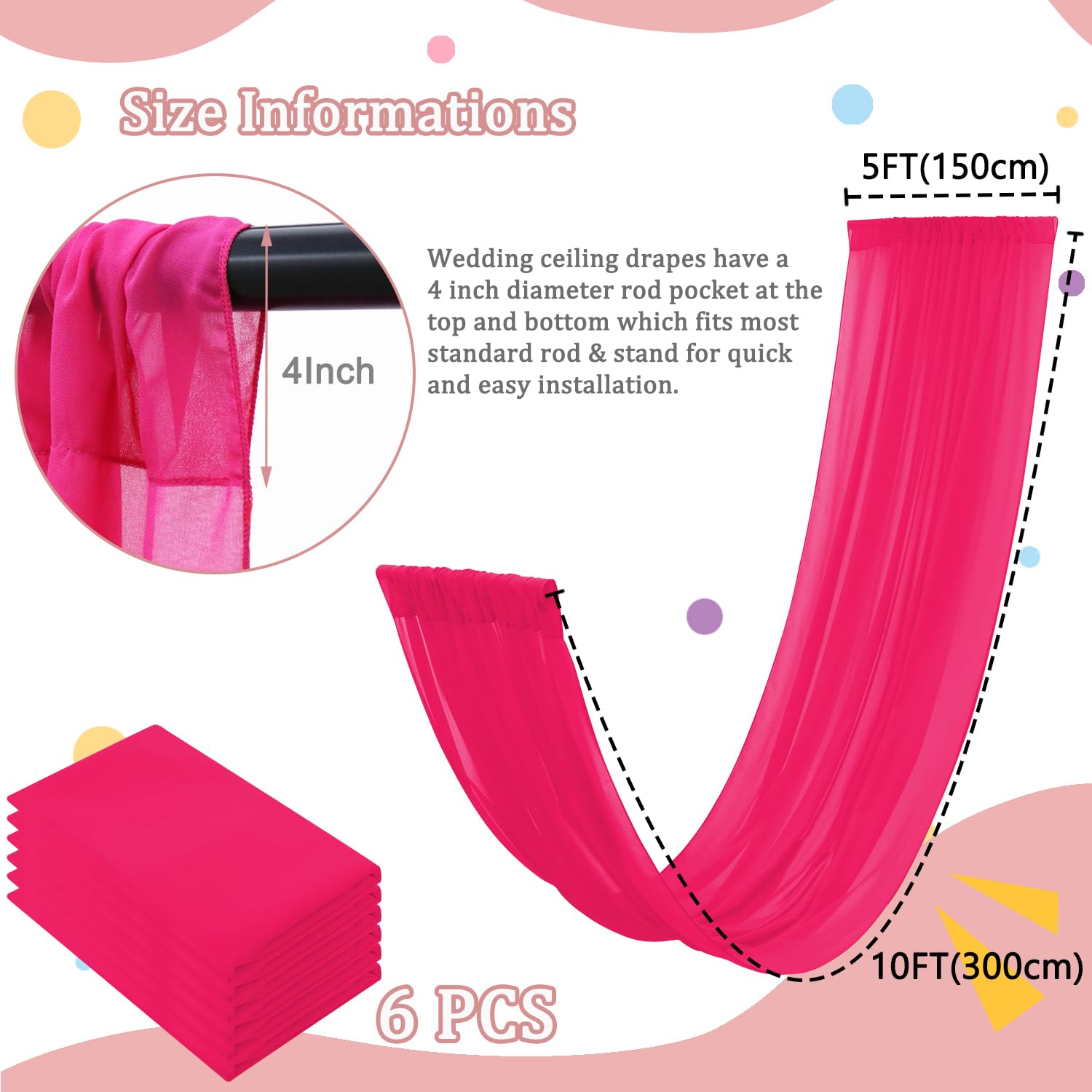 FOTSHARER 6 Paneele Deckenvorhänge für Hochzeiten, Chiffon, Hochzeitsvorhänge, 152 x 300 cm, Tüll, Fuchsia, Drapierstoff, Zelt, Decke, Vorhang für Party, Abschlussball, Brautparty, Hintergrund