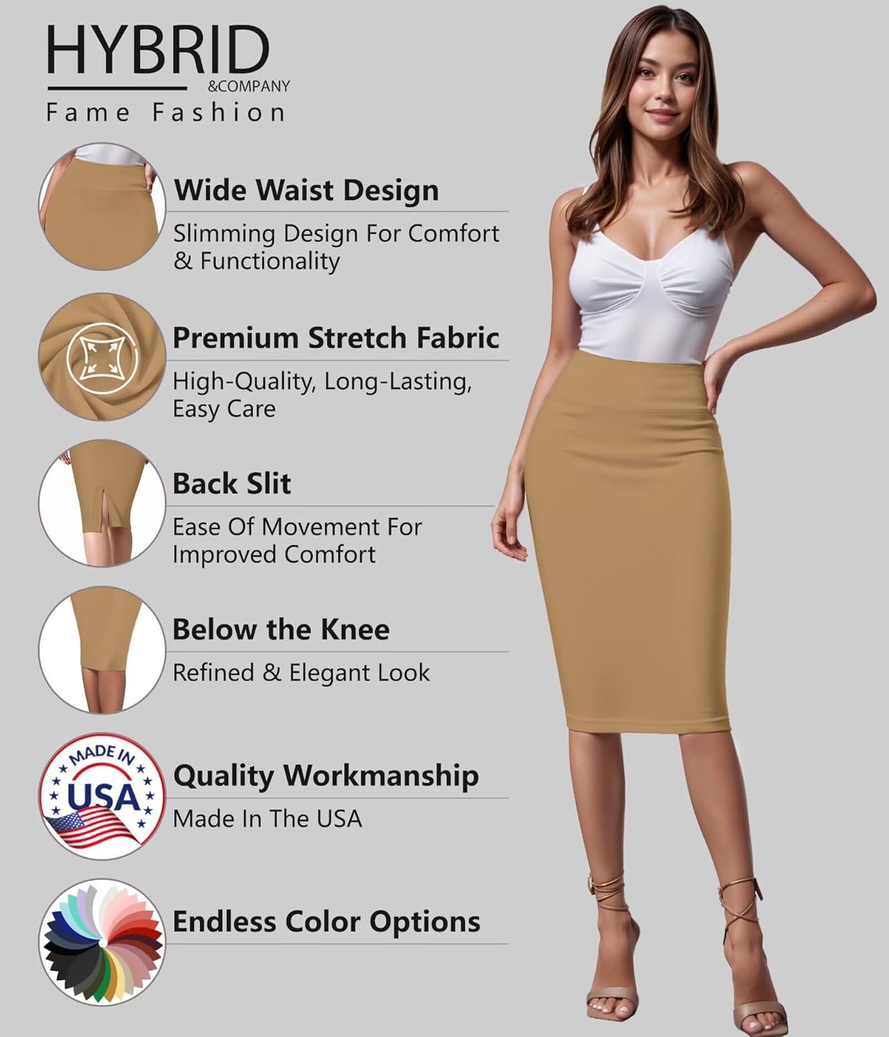 Hybrid & Company Women's Premium Nylon Ponte Stretch High Waist Pencil Suit Skirt Below Knee - Image 4