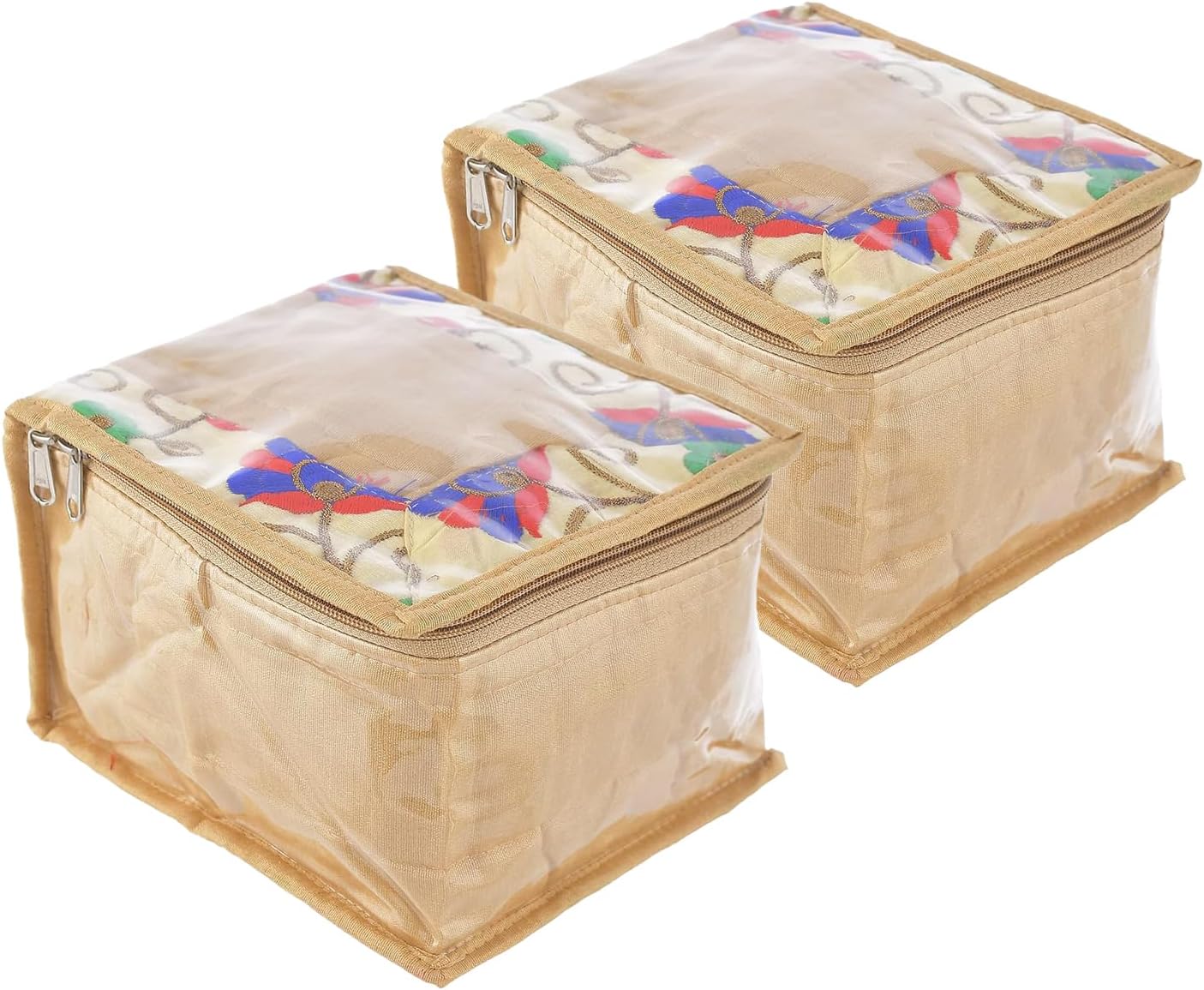 Pack of 2 Jewellery Storage Bag | Flower Design PVC Laminated Makeup Pouch | Square Travel Kit with 10 Tranasparent Pouches | Bag for Necklace-Bracelet-Earing-Bangles | Gold