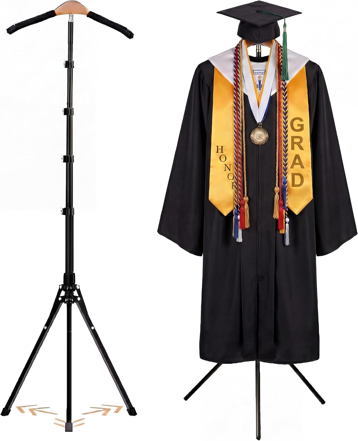 FoldTier Graduation Cap and Gown Display Stand 3-in-1 Adjustable Presentation Garment Rack with Wood Hanger Safety Pins Foldable Clothing Steamer Hanger Rack for Ceremony Photo Booth Retail Vendors