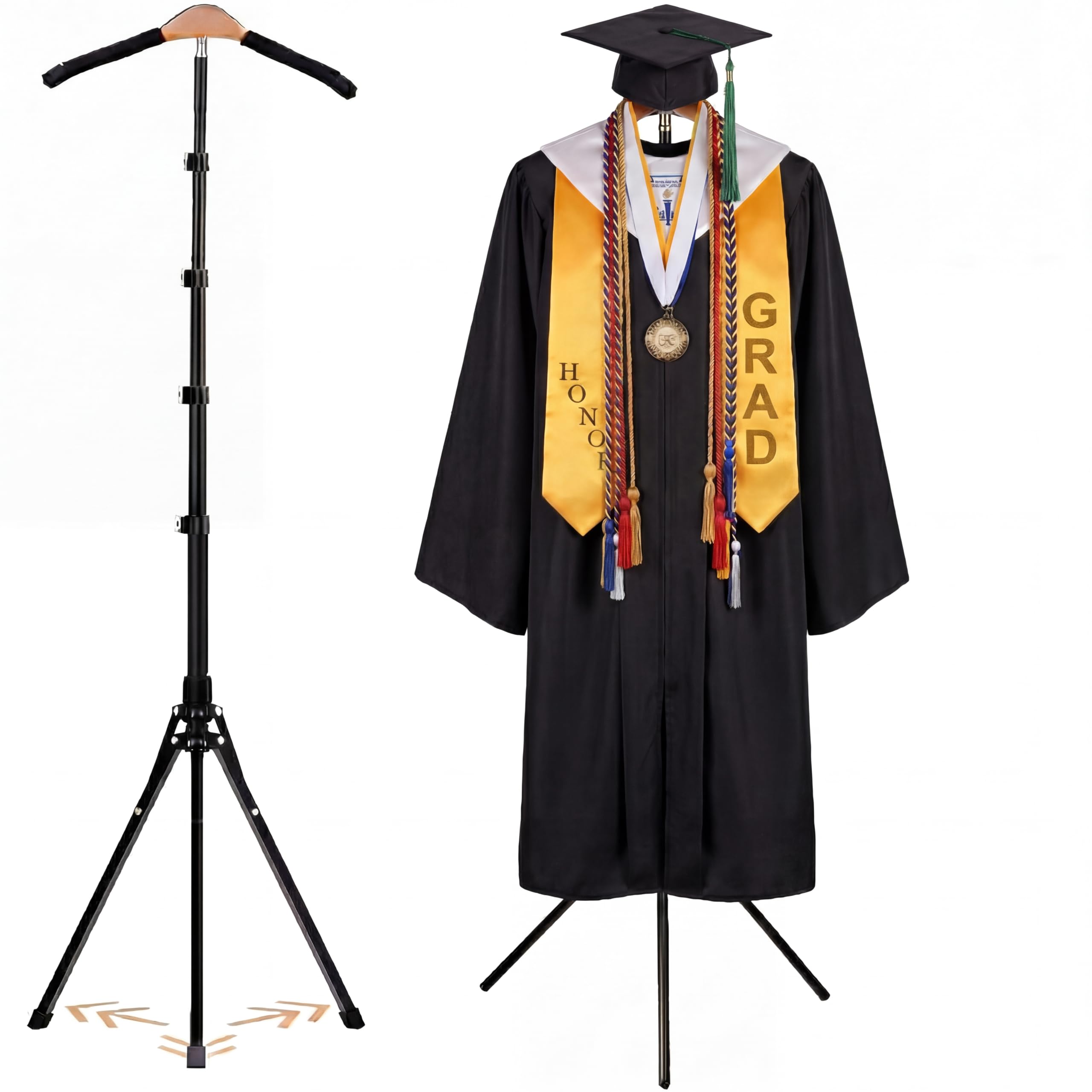 Photo 1 of FoldTier Graduation Cap and Gown Display Stand 3-in-1 Adjustable Presentation Garment Rack with Wood Hanger Safety Pins Foldable Clothing Steamer Hanger Rack for Ceremony Photo Booth Retail Vendors