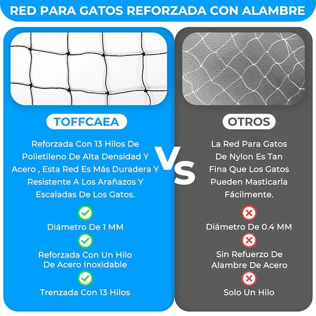 Foto 3 de 6 de TOFFCAEA Red para Gatos para balcón, 10 x 3 m, Alambre Reforzado, con Cuerda de fijación de 28 m, Fuerte