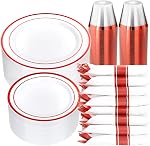 Goodluck 350 Piece Plastic Dinnerware Set for 50 Guests, Fancy Plastic Plates for Party, Dinnerware Set Include: 50 Dinner Plates, 50 Dessert Plates, 50 Pre Rolled Napkins with Silverware, 50 Cups