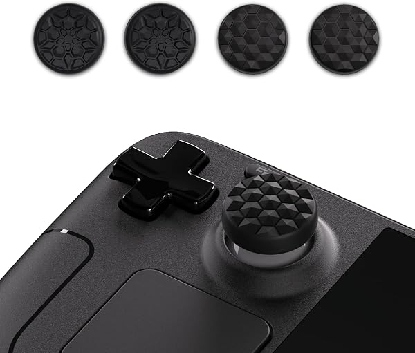 Besuche den playvital- PlayVital Joystick Kappen für Steam Deck LCD,Thumbsticks Grips Caps für PS Portal Remote Player, Schutzkappen Zubehör für Steam Deck OLED Controller(Diamantkorn & Rissbomben Design Schwarz) in use