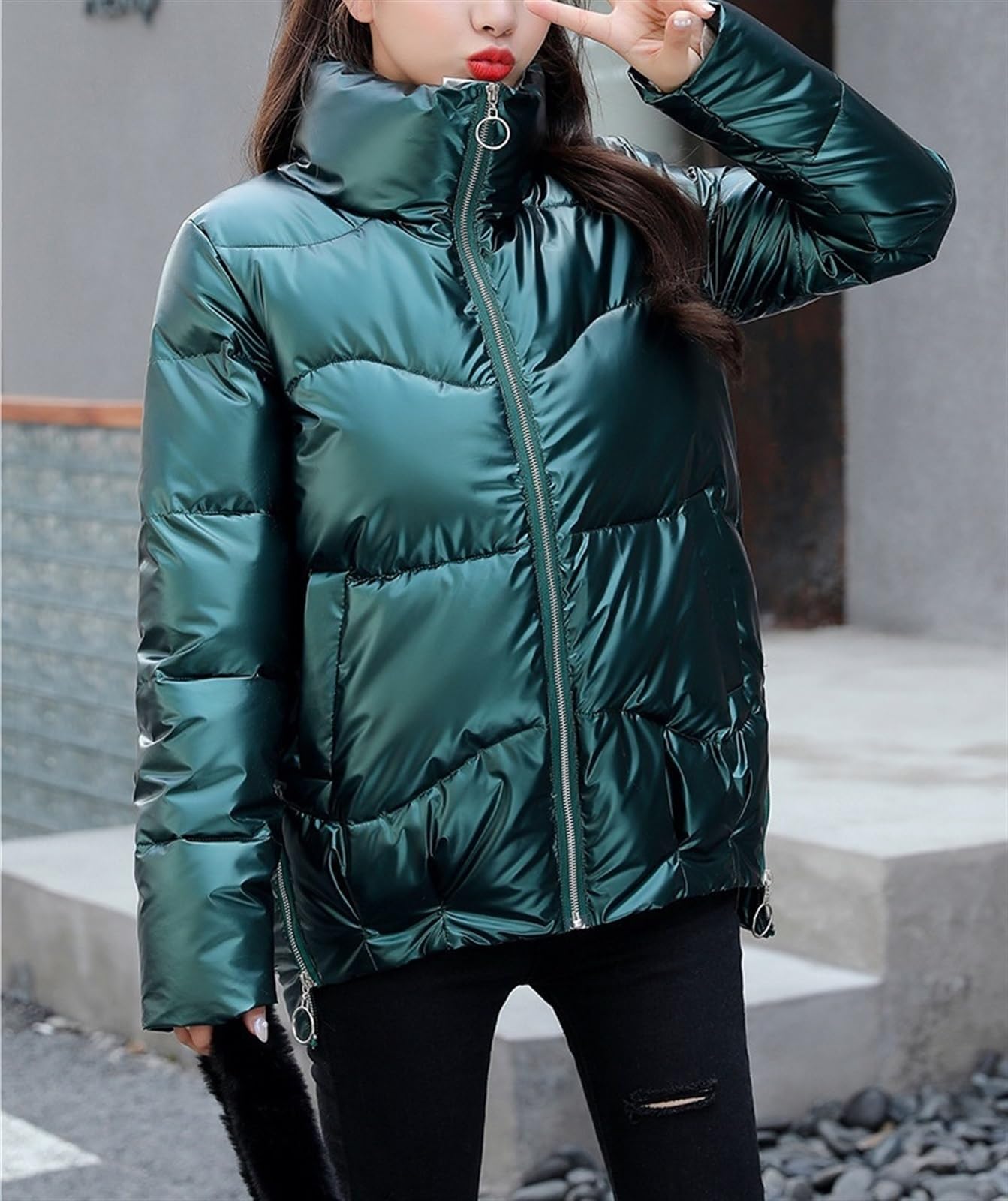 Doudoune Femme, Veste d'hiver Unie, Col Montant Chaud, Veste Demi-Saison, Doudoune Brillante, Coupe Courte, Veste Matelassée Matelassée