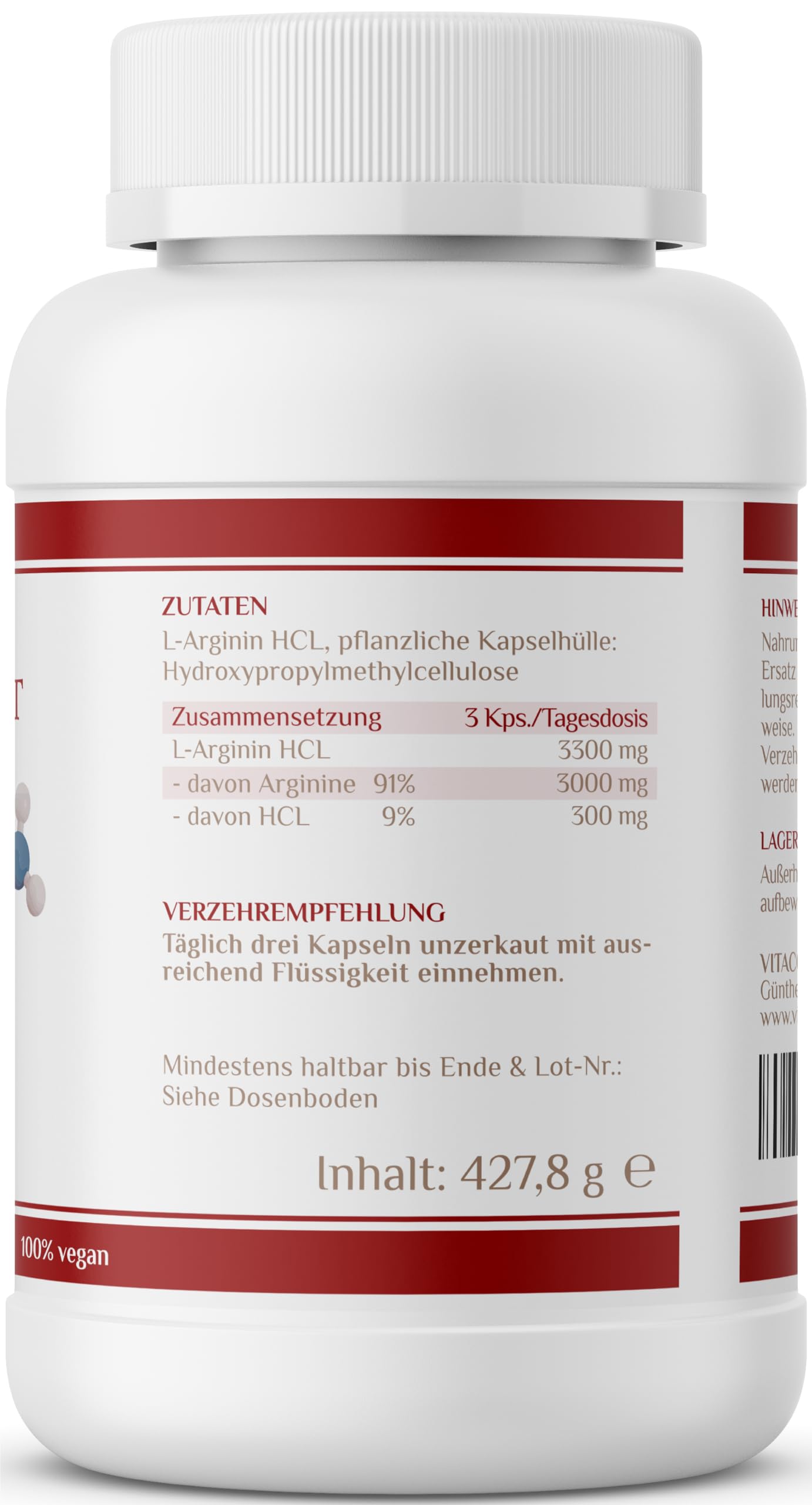 Vitaconcept I L-Arginin I 365 Kapseln I hochdosiert I 1000 mg pro Kapsel I 98,7% reines L-Arginin I vegan I in Deutschland produziert