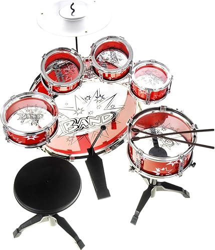 PowerTRC Juego de instrumentos de batería musical Tambor de juguete para niños El juego incluye 6 baterías, platillo, silla, pedal de patada,
