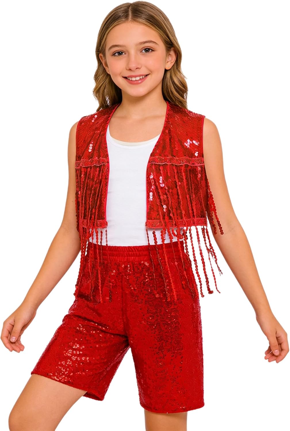 Kids Sequin Shiny Shorts and Top Set Ballroom Dancewear 2 Piece Dance Outfit for Cha-cha Performance